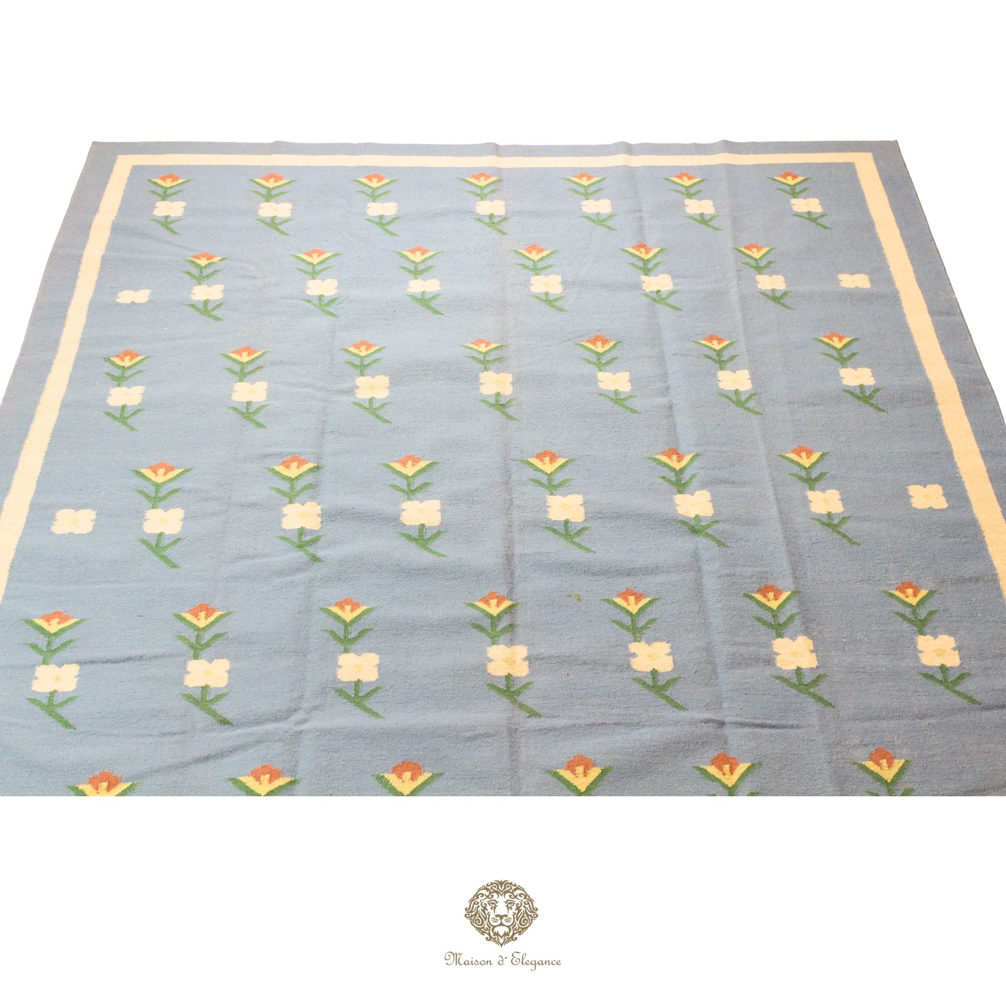 Alfombra Kilim fina, tejido plano, lana color natural | Diseño floral europeo, 252x365 cm