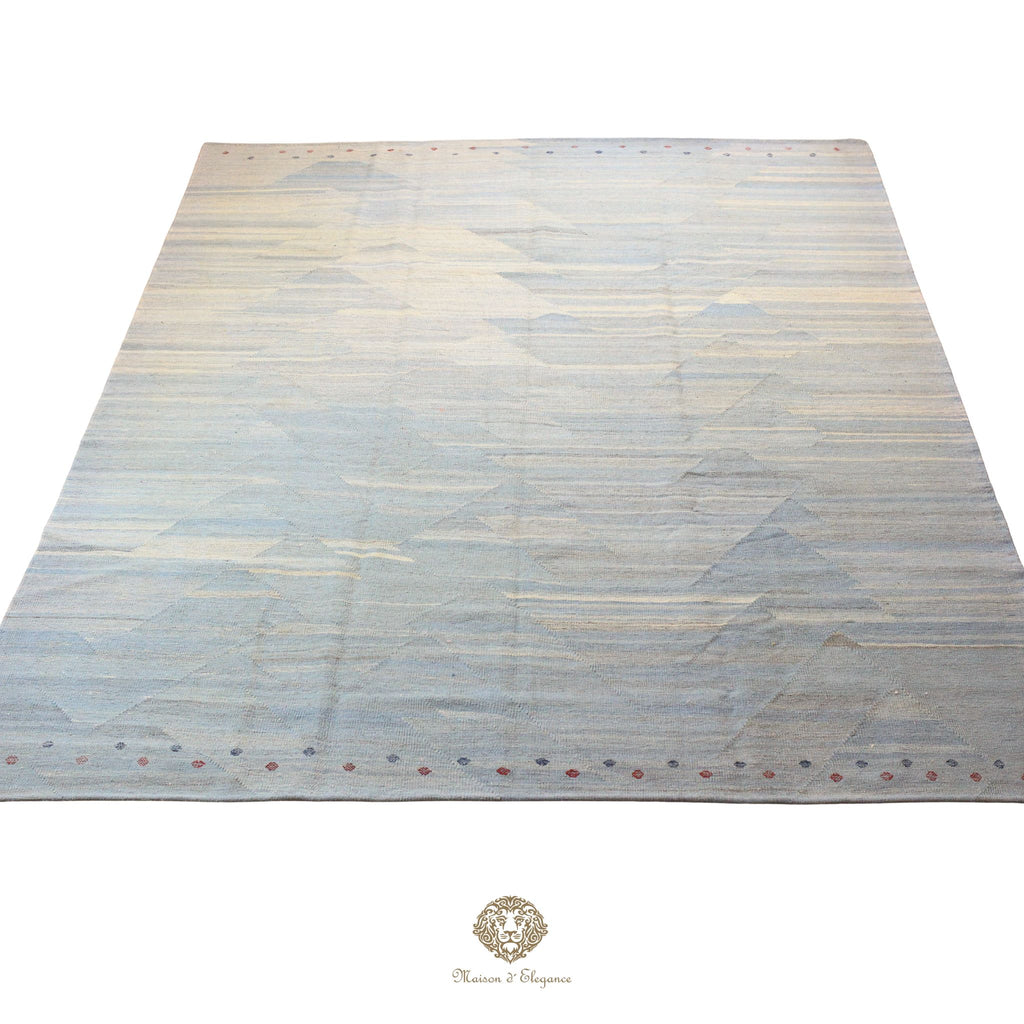 Alfombra Kilim moderna de lana lisa en color azul con tejido plano | Colección Maison Zagros 262x342 cm