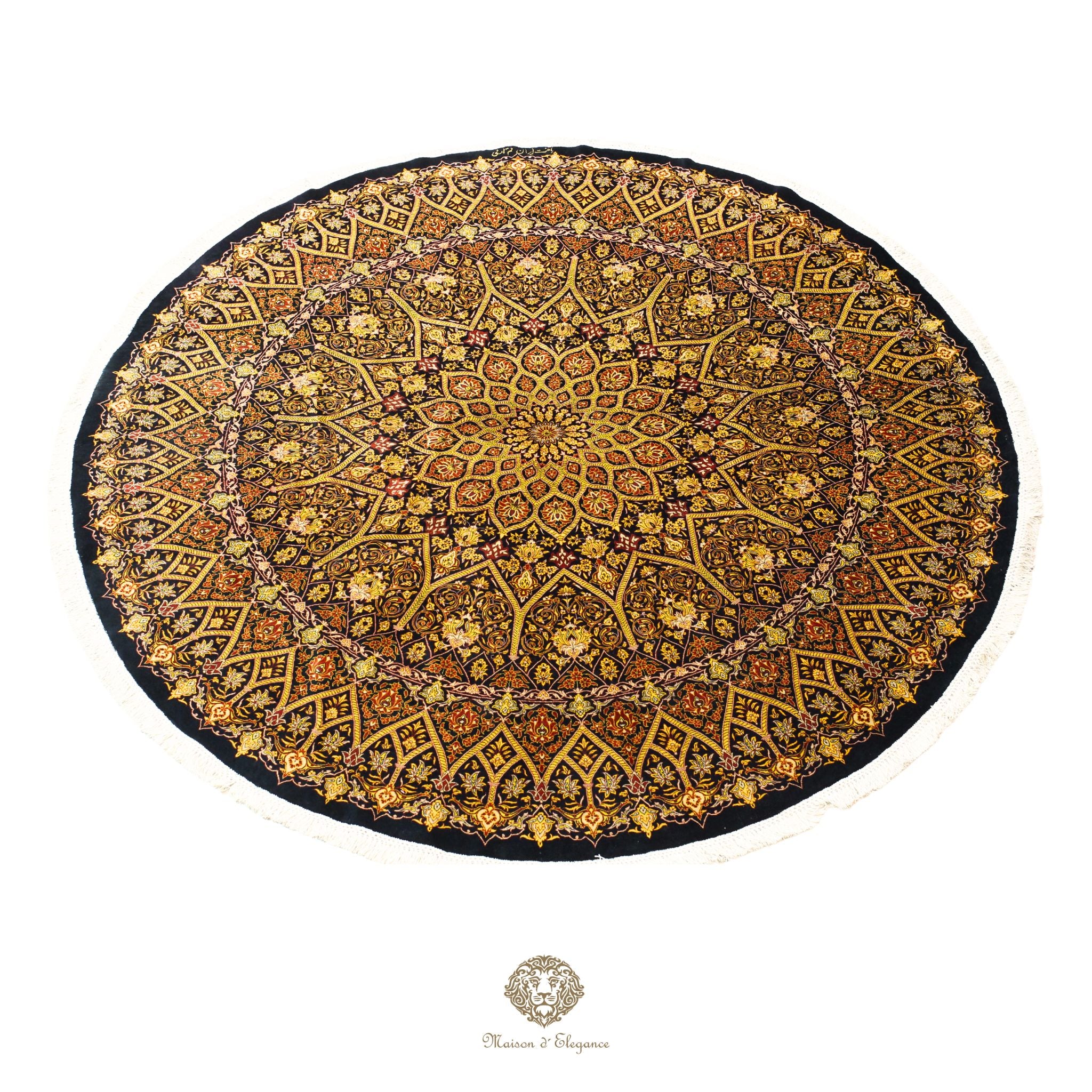Alfombra persa redonda Qom superfina exclusiva, de seda pura, anudada a mano, teñida con tintes naturales, obra maestra de alta gama, firmada, 209 x 210 cm de diámetro.