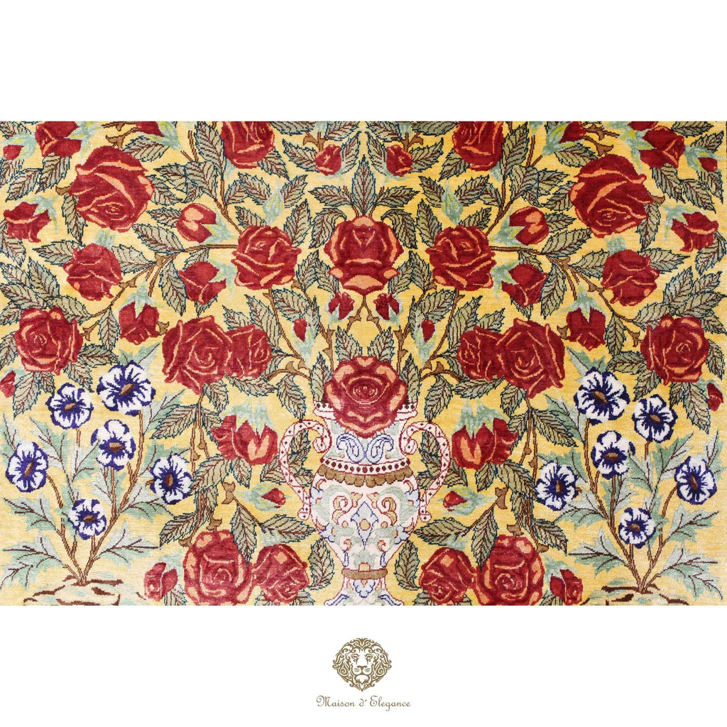 Alfombra persa exclusiva de seda pura - Obra maestra anudada a mano con tintes naturales, firmada, 104 x 162 cm, Diseño de mil flores
