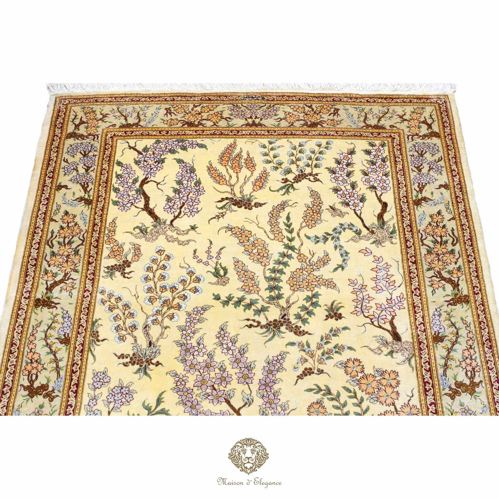 Decorative rug with floral patterns on a beige background
