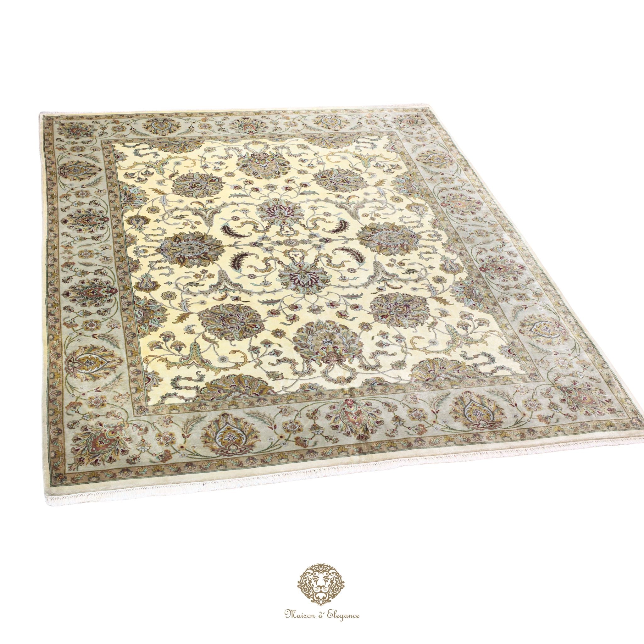Alfombra de lana y Seda tradicional hecha a mano con diseño floral | Tonos neutros, 244 x 314 cm