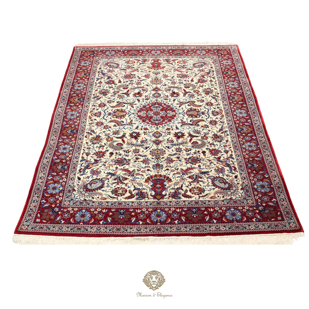 Alfombra fina exclusiva de estilo persa, lana y seda anudada a mano con tintes naturales | Diseño clásico de medallón, 200 x 330 cm