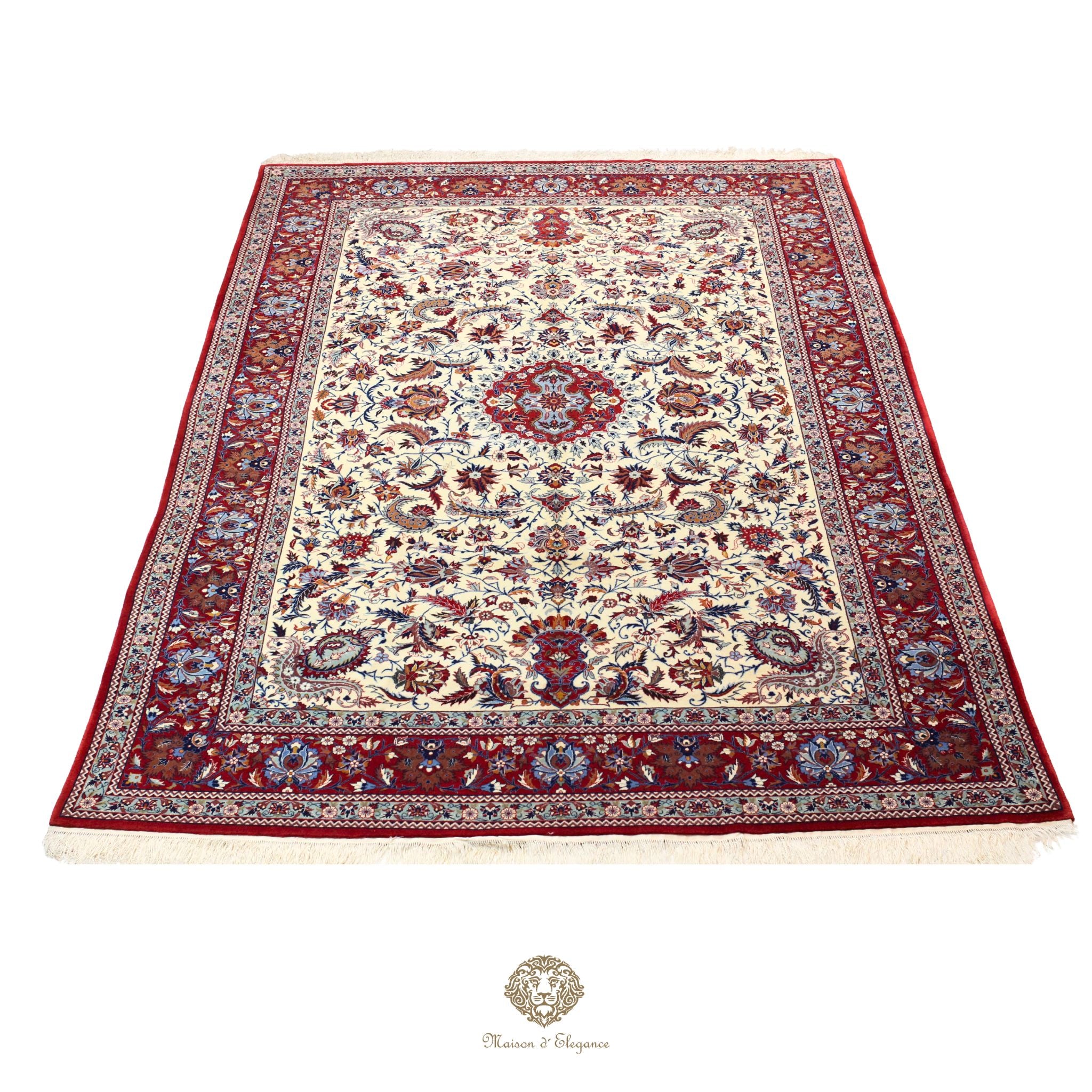 Alfombra fina exclusiva de estilo persa, lana y seda anudada a mano con tintes naturales | Diseño clásico de medallón, 200 x 330 cm