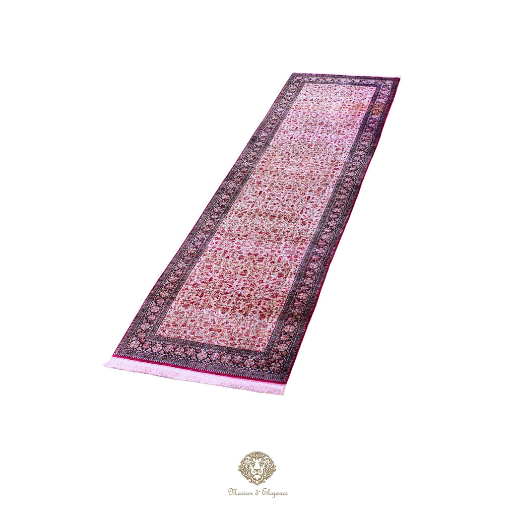 Alfombra persa tipo pasillo de seda pura superfina, anudada a mano, tintes naturales, | obra maestra, firmada, 89 x 350 cm