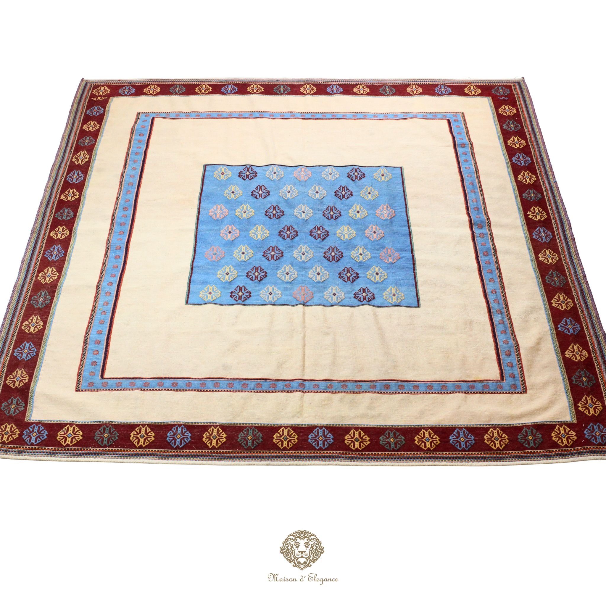 Alfombra persa moderna Kia Sar Kilim, hecha a mano en lana, color natural | Cuadrada 247x250 cm