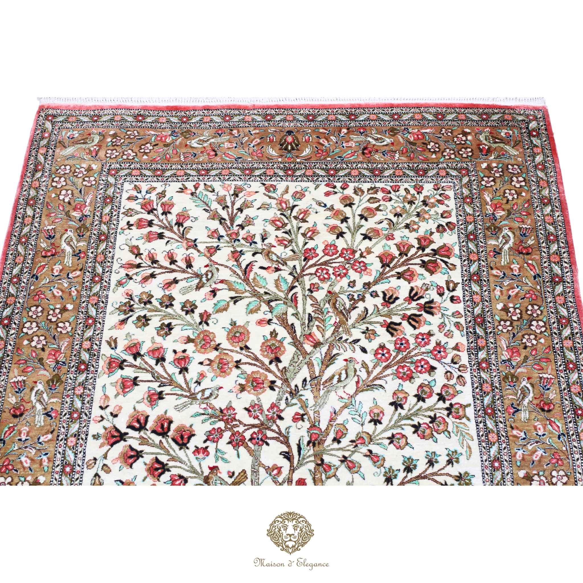Alfombra persa exclusiva de seda pura - Obra maestra anudada a mano con tintes naturales, firmada, 106 x 156 cm, diseño del árbol de la vida