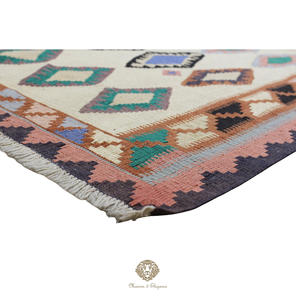 Alfombra Kilim Persa Qashqai Antigua Lana | Diseño Geométrico 126x201 cm