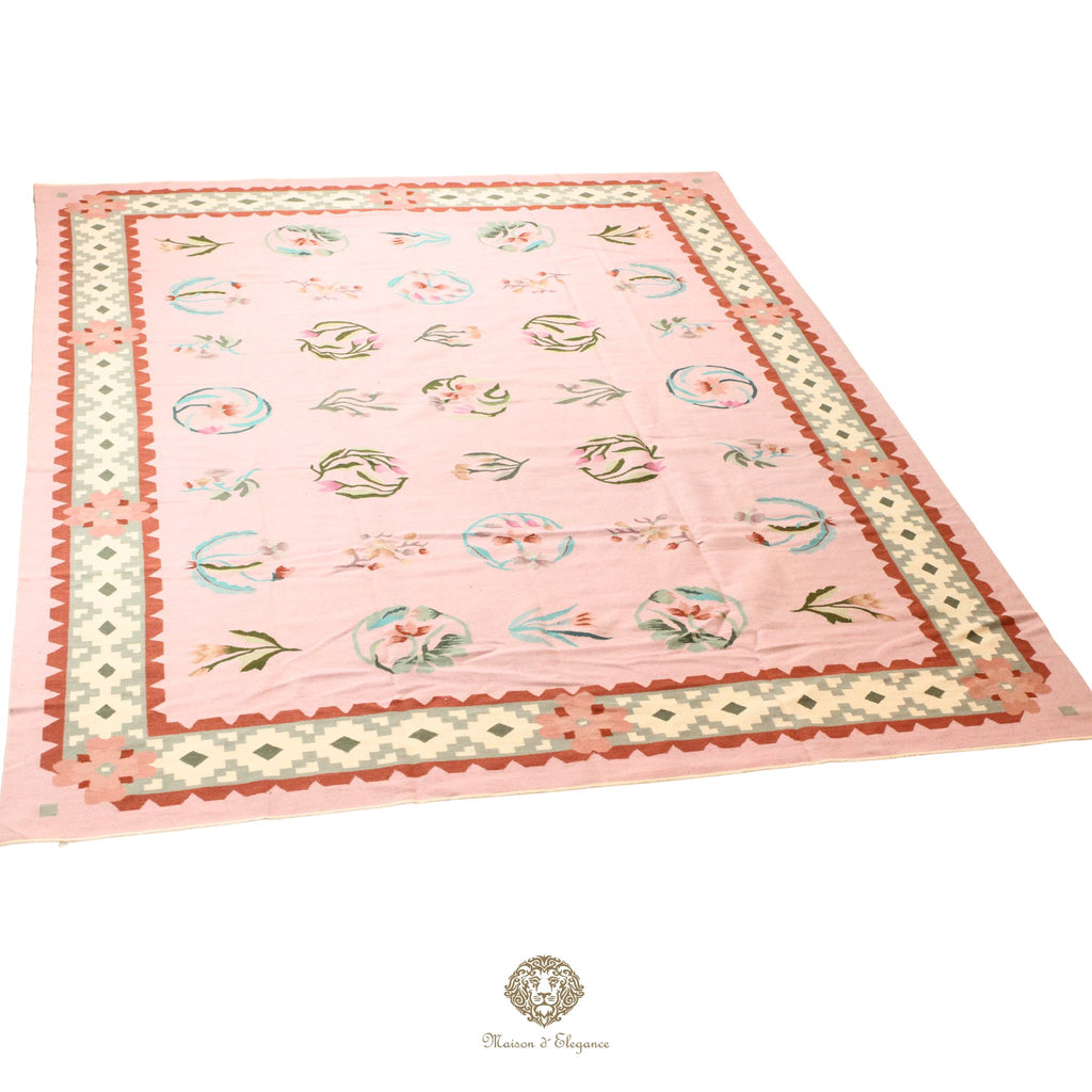Alfombra Kilim fina, tejido plano, lana color natural | Diseño floral europeo, 274x365 cm Rosa