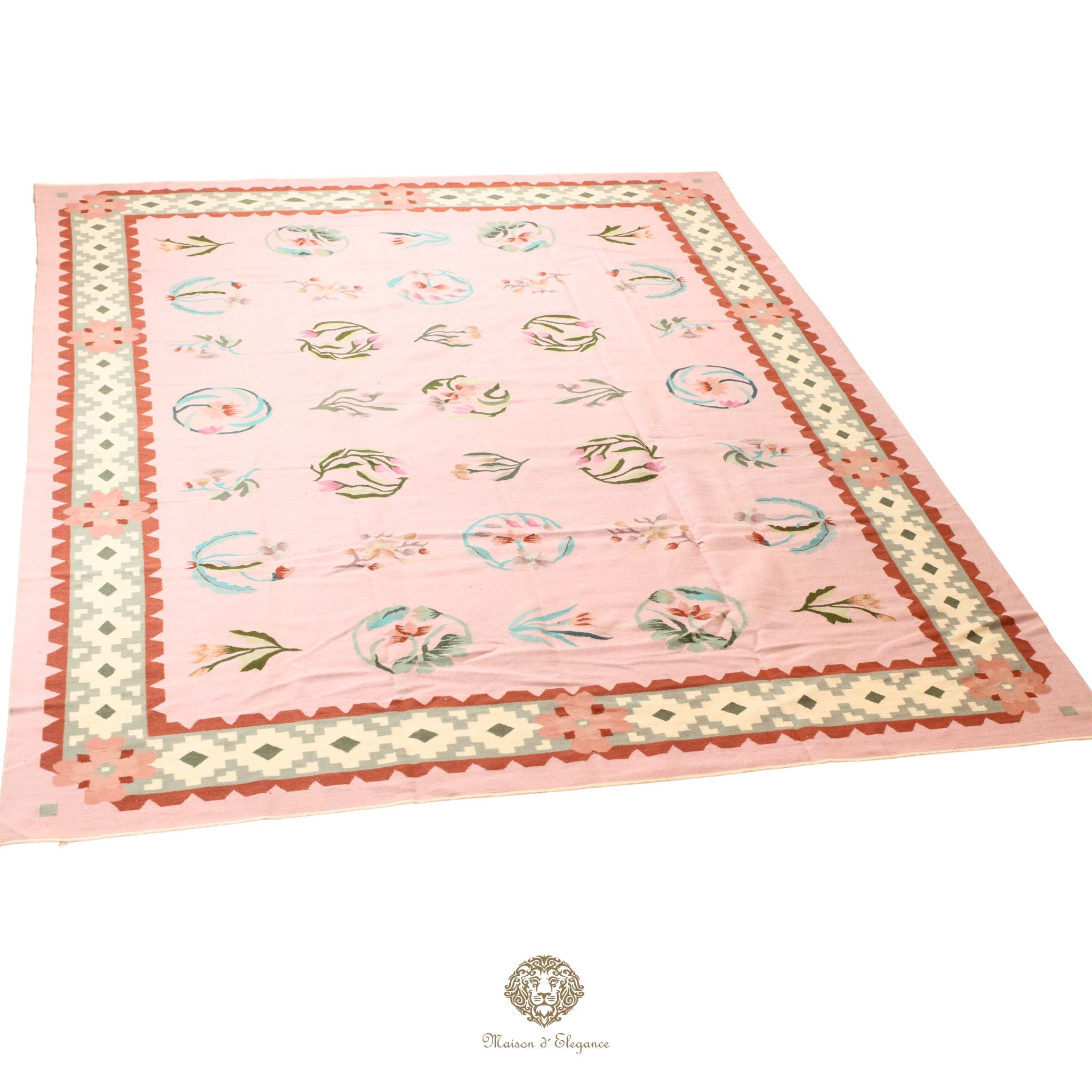 Alfombra Kilim fina, tejido plano, lana color natural | Diseño floral europeo, 274x365 cm Rosa