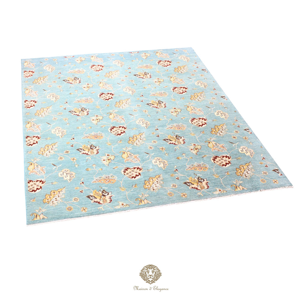 Alfombra de lana estilo Tabriz, superfina color azul marfil con diseño floral | Elegancia 240x308 cm
