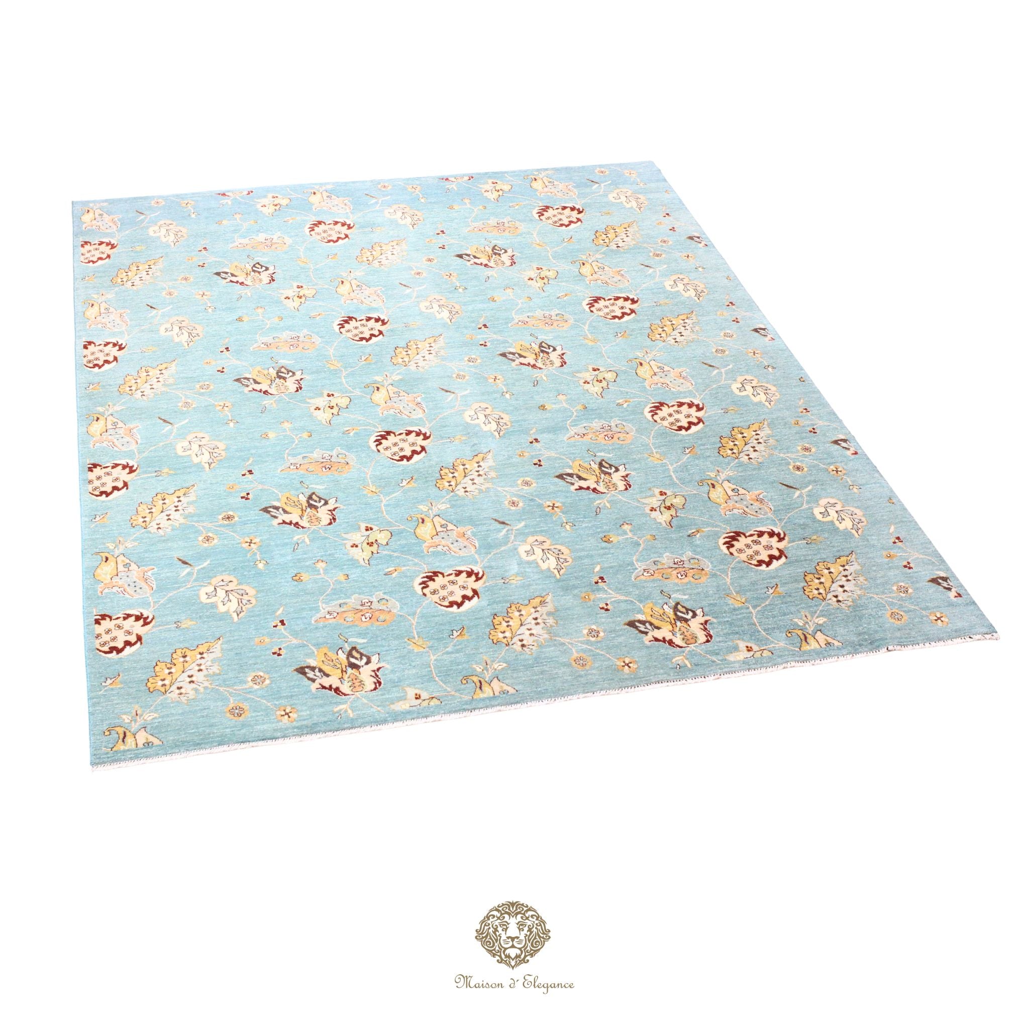 Alfombra de lana estilo Tabriz, superfina color azul marfil con diseño floral | Elegancia 240x308 cm