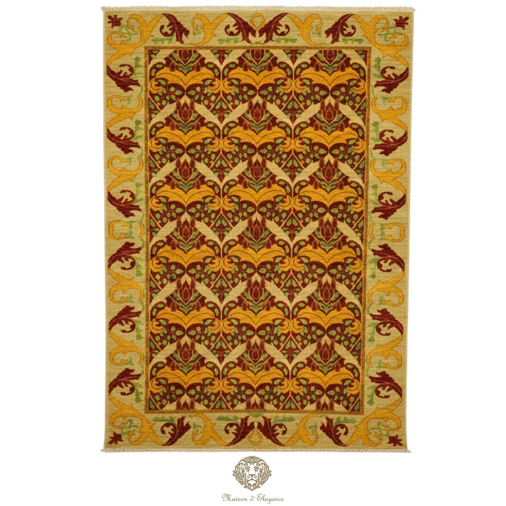 Decorative rug with intricate pattern on a beige background