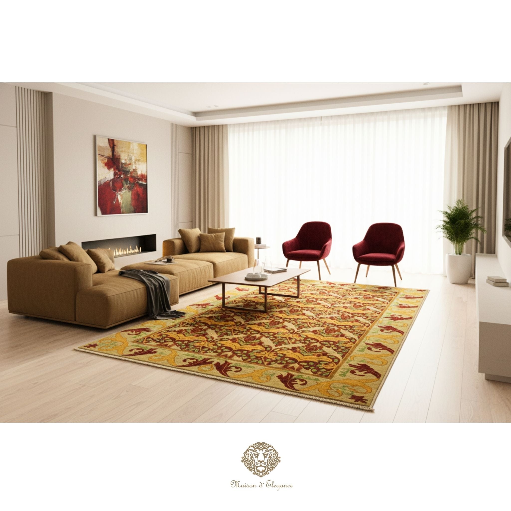 Modern living room with a brown sectional sofa, red chairs, and a patterned rug.