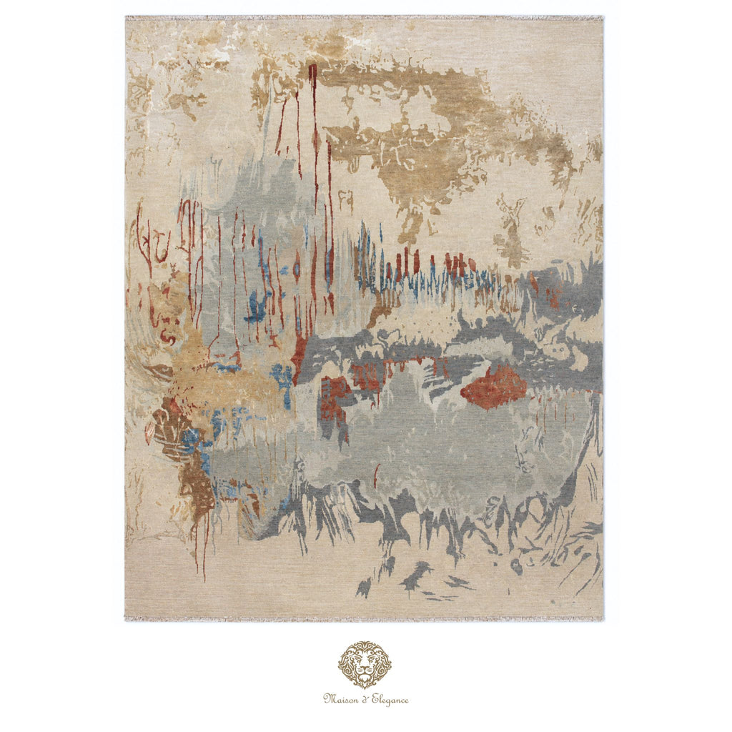 Abstract patterned rug with earthy tones on a light background
