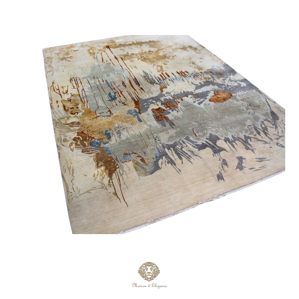 Hexagonal area rug with abstract design on a light background