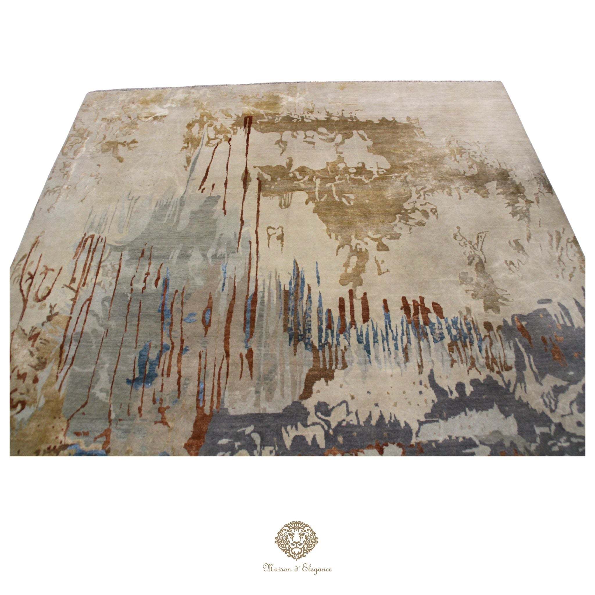Abstract art piece with brown, blue, and beige colors on a light background