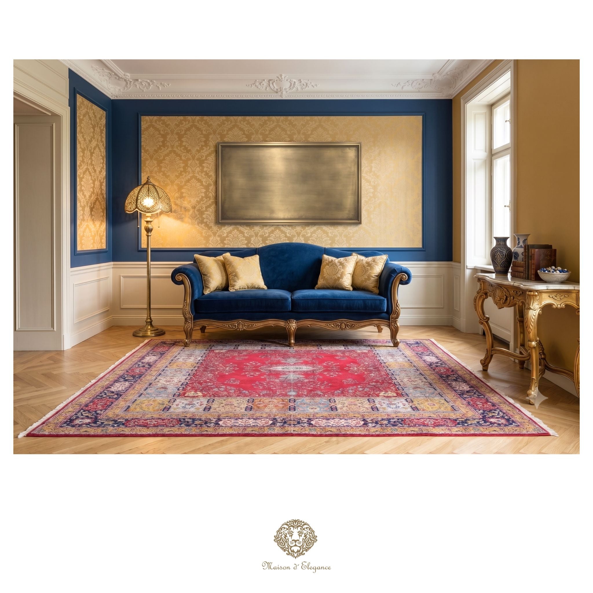 Luxurious living room with a blue sofa, gold accents, and a patterned rug.