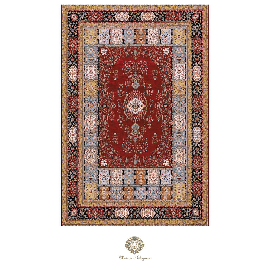 Decorative rug with intricate patterns on a white background