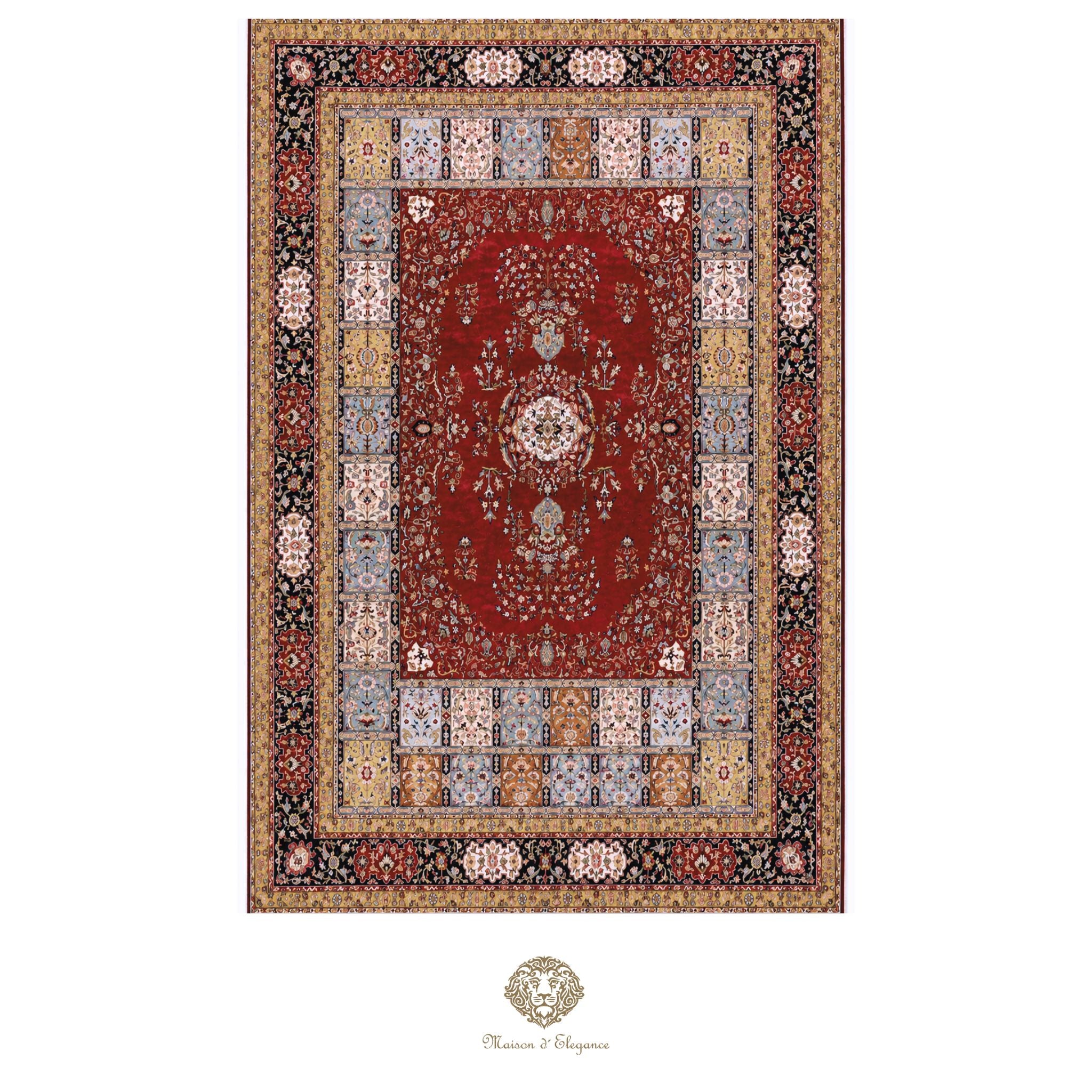 Decorative rug with intricate patterns on a white background