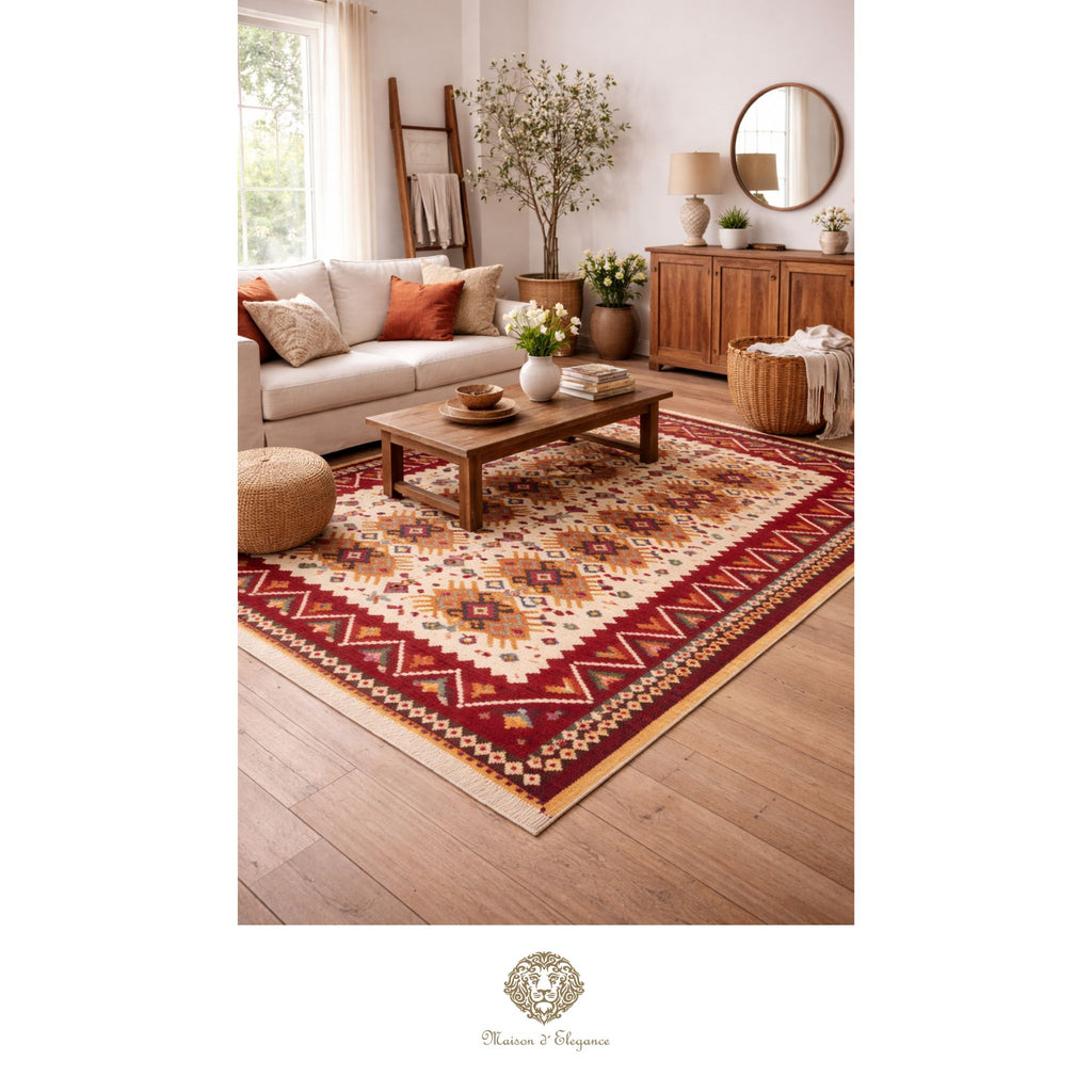 Living room with a patterned rug, sofa, and coffee table.