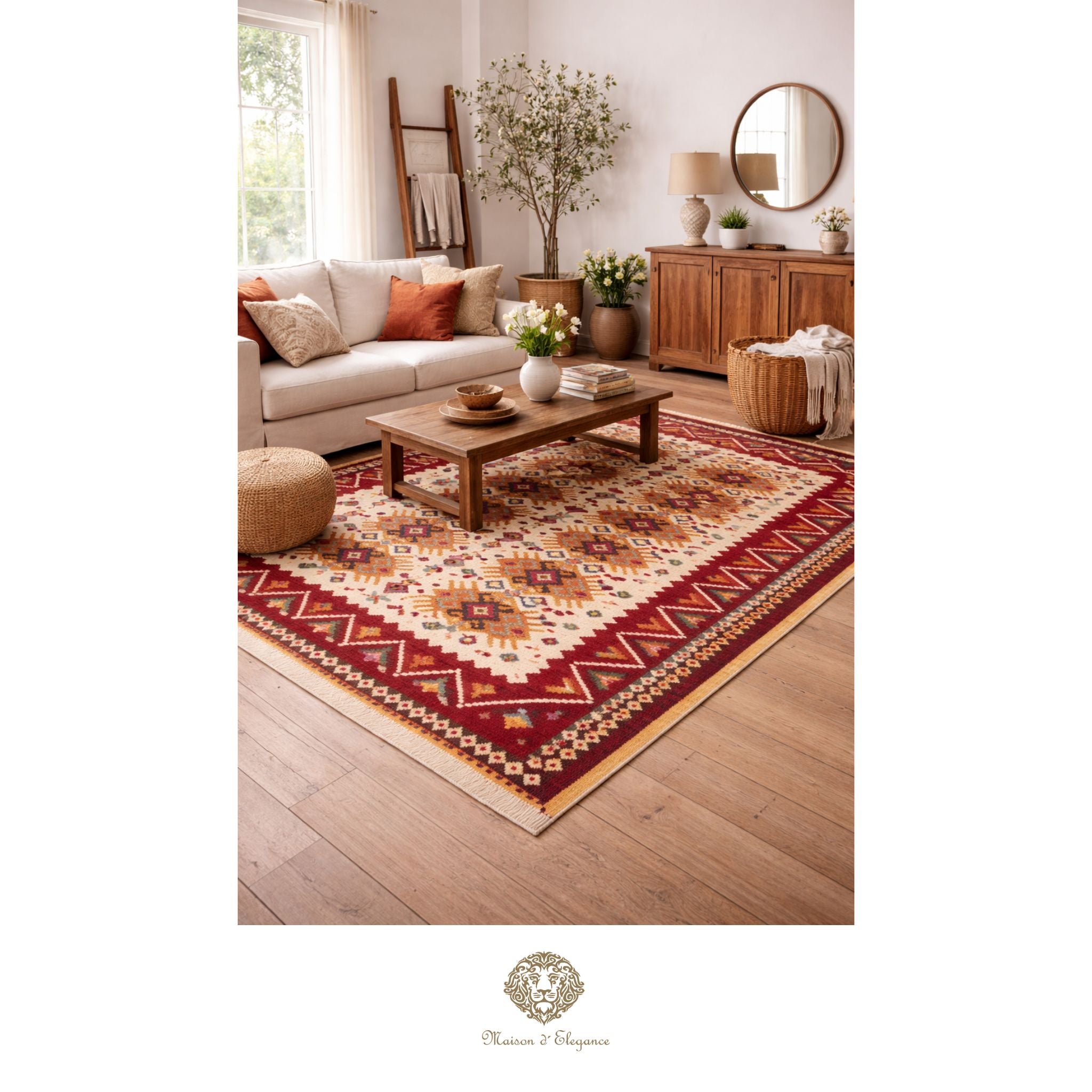 Living room with a patterned rug, sofa, and coffee table.