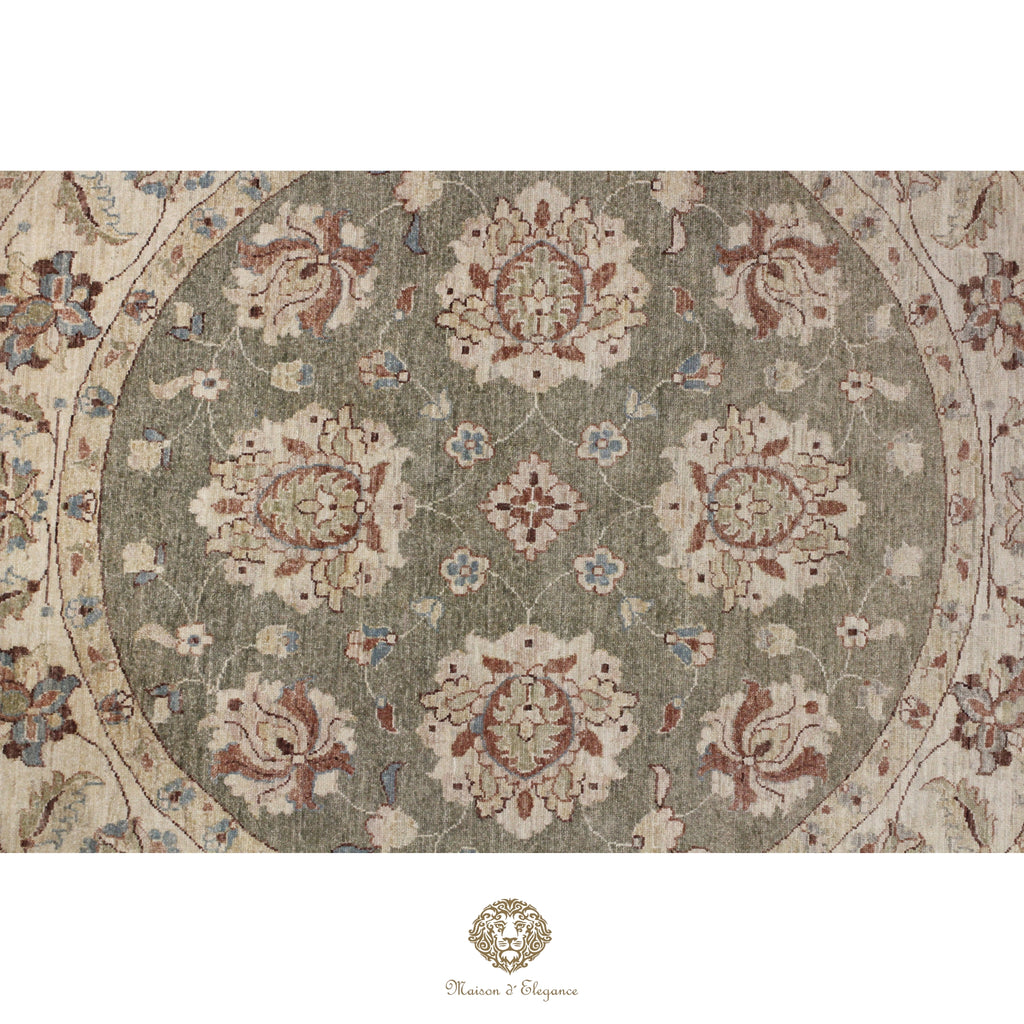 Alfombra Persa Redonda Kashan Anudada a Mano | Lana Verde con Diseño Floral 200x200 cm diametro