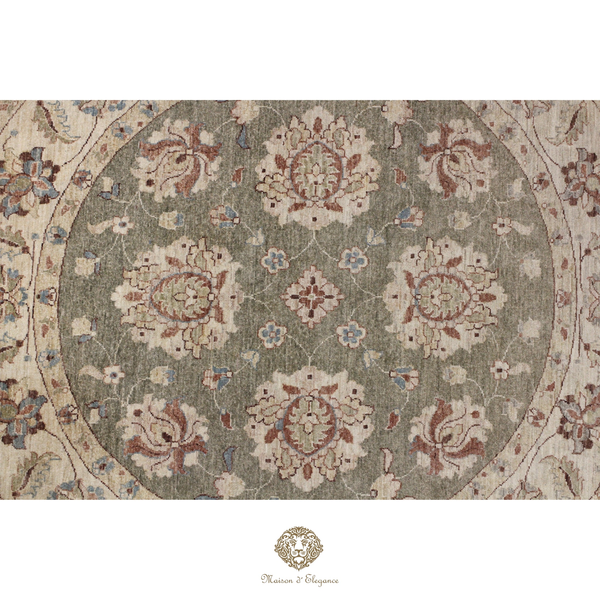 Alfombra Persa Redonda Kashan Anudada a Mano | Lana Verde con Diseño Floral 200x200 cm diametro