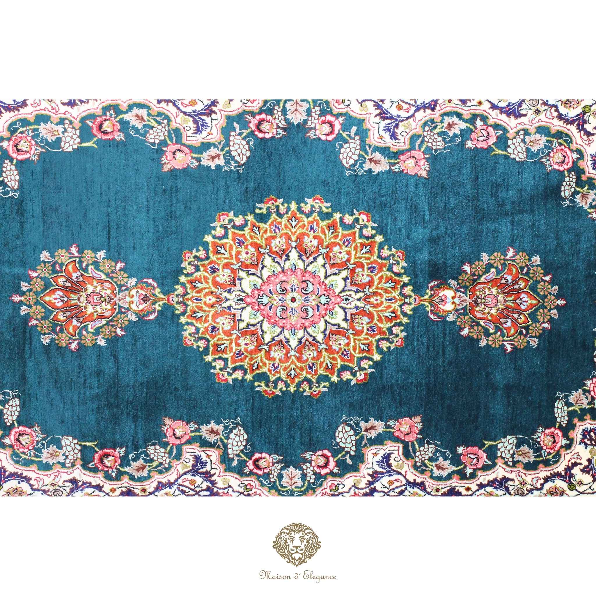 Alfombra persa exclusiva de seda pura, anudada a mano, teñida de forma natural, obra maestra de alta gama, firmada, 157 x 98 cm Turquesa