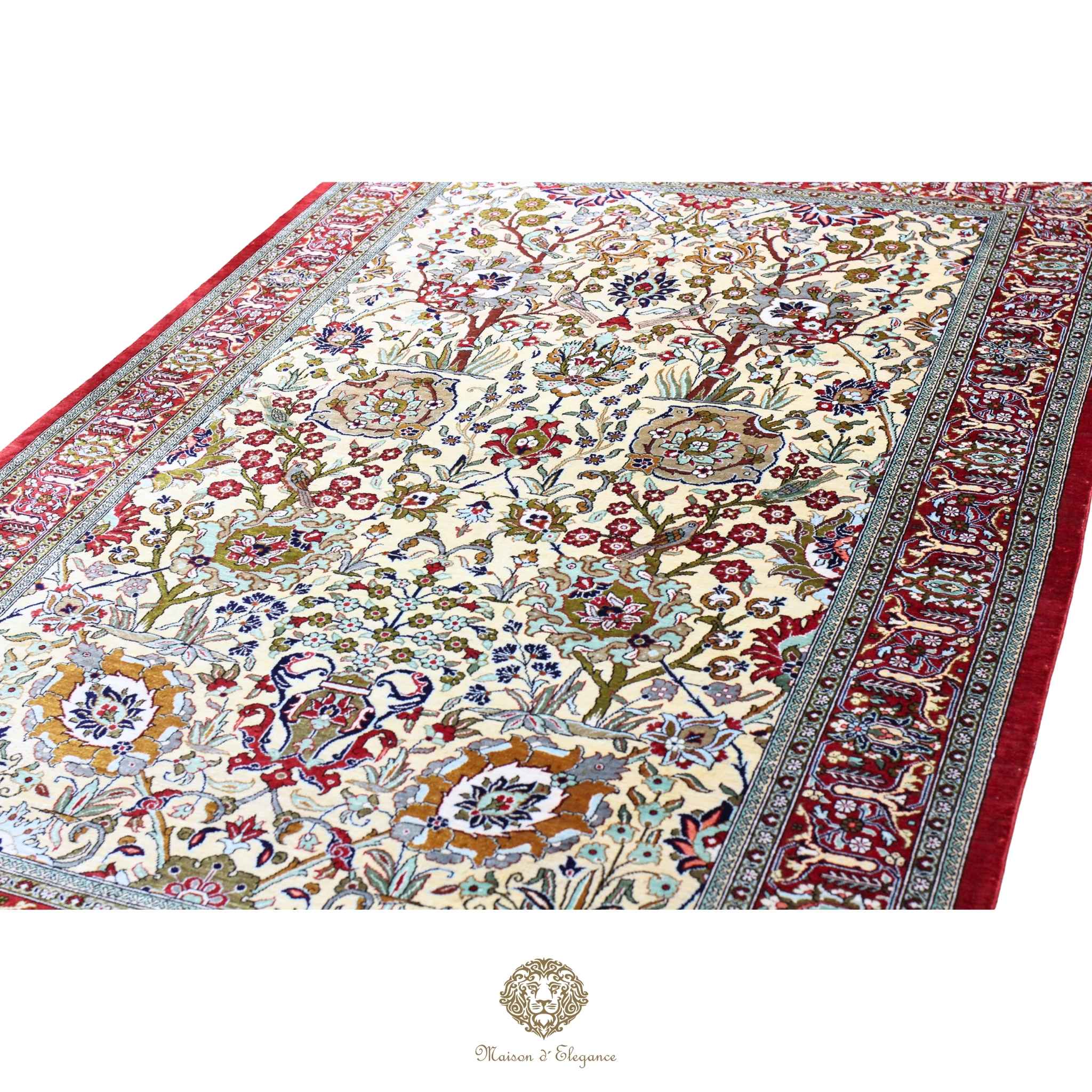 Alfombra persa de seda pura, anudada a mano, teñida con tintes naturales, | obra maestra con diseño floral integral, firmada, 105 x 156 cm.