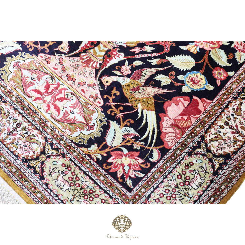 Alfombra persa exclusiva de seda pura - Obra maestra anudada a mano con tintes naturales, firmada, 105 x 157 cm, diseño de oración floral