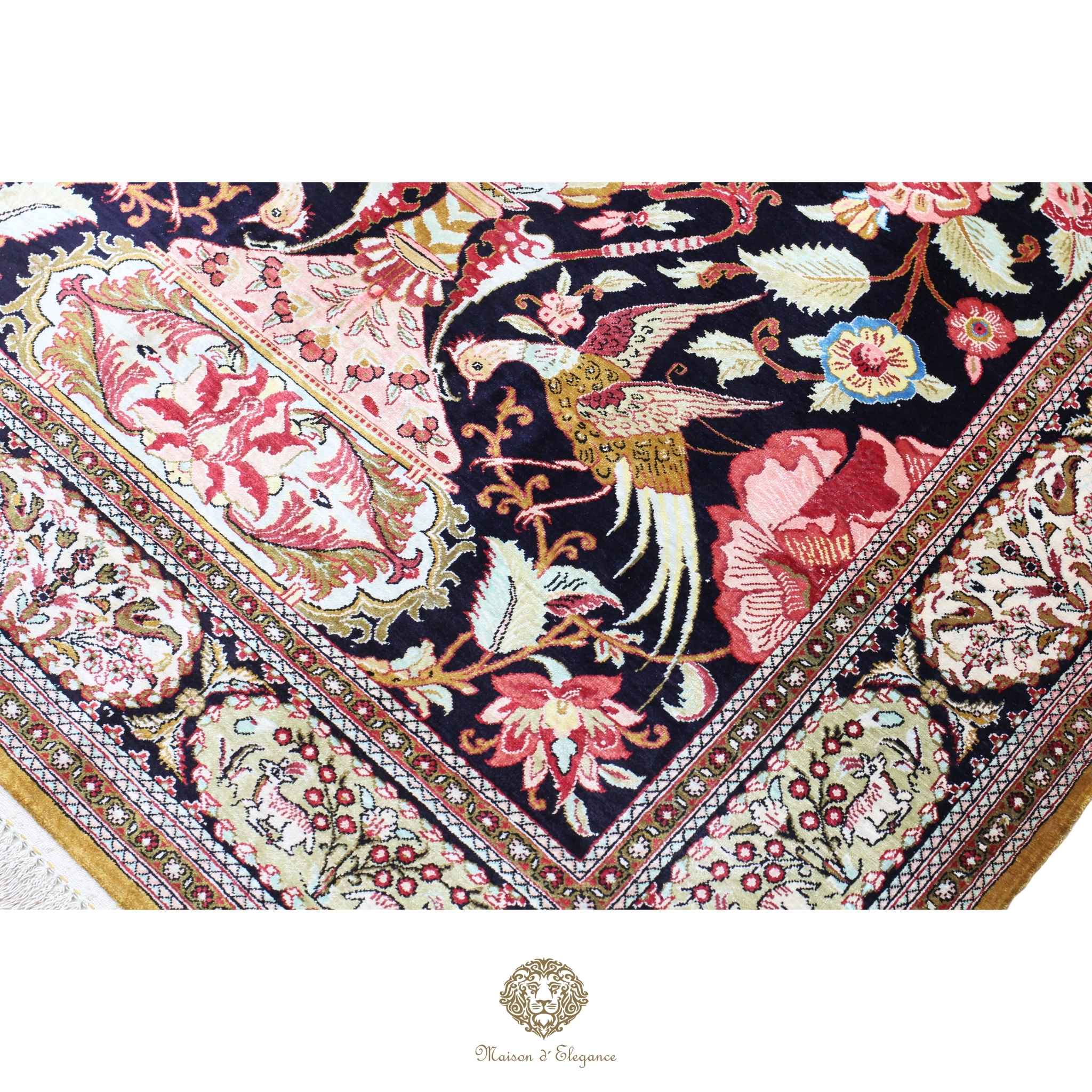 Alfombra persa exclusiva de seda pura - Obra maestra anudada a mano con tintes naturales, firmada, 105 x 157 cm, diseño de oración floral