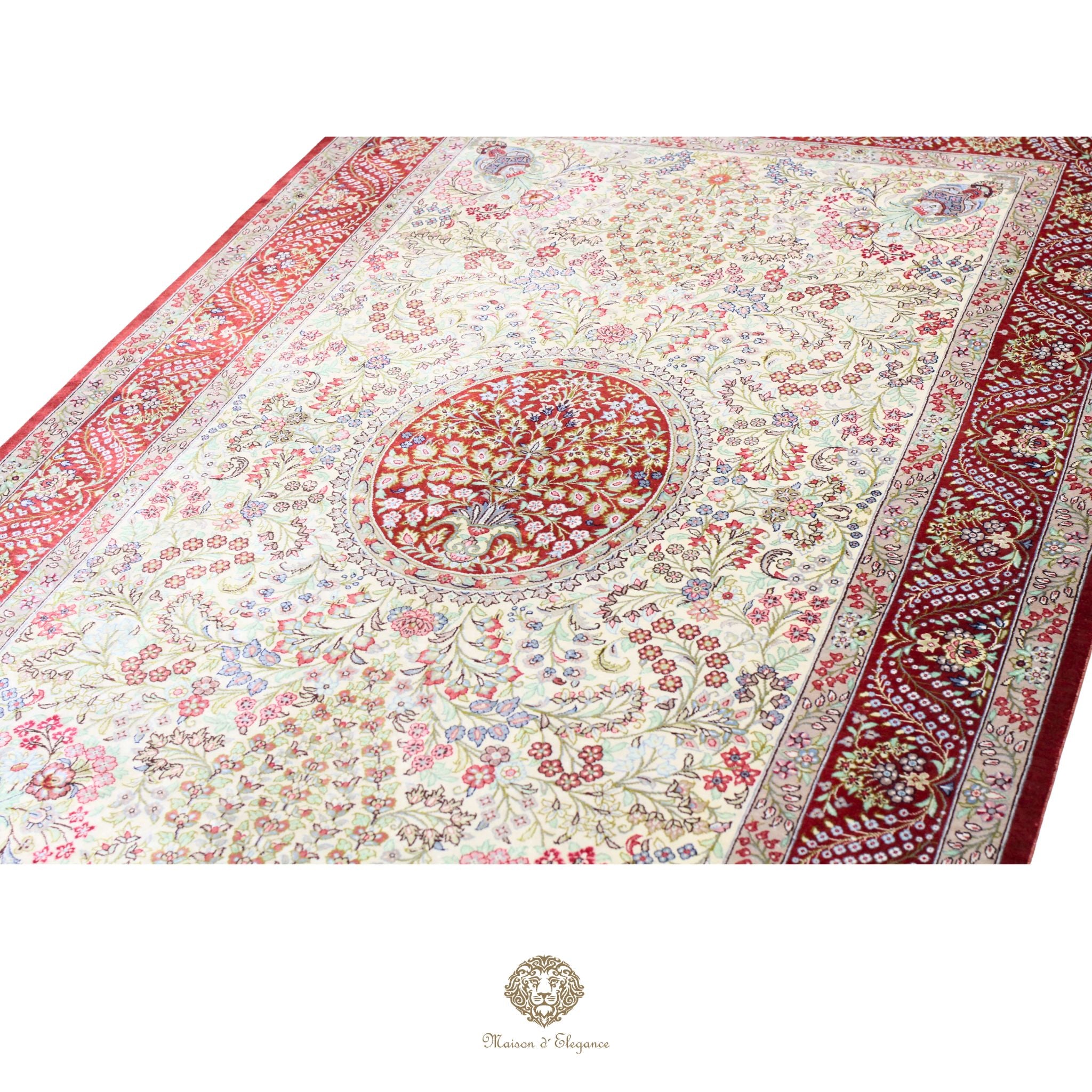 Alfombra persa exclusiva quom de seda pura - Obra maestra anudada a mano con tintes naturales, firmada, 101 x 156 cm, diseño medalion