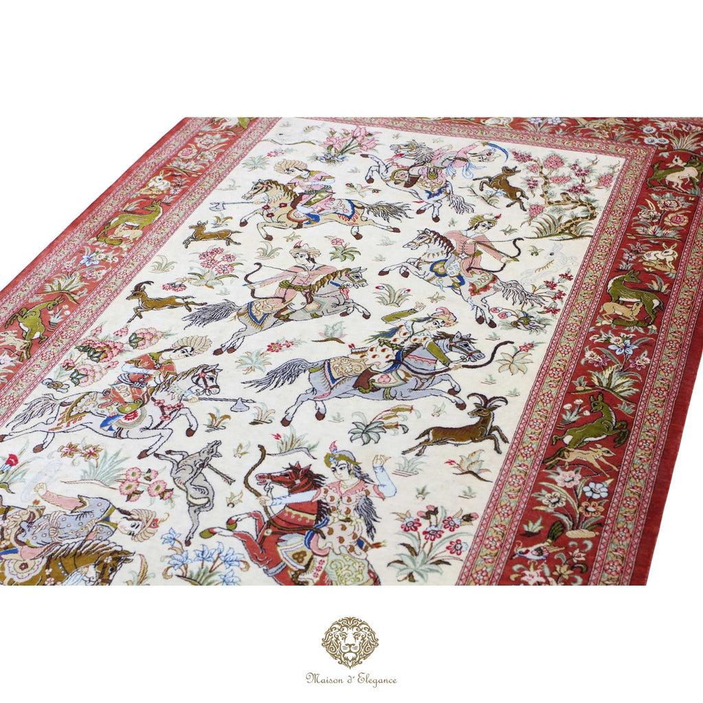 Alfombra persa exclusiva de seda pura - Obra maestra anudada a mano con tintes naturales, firmada, 98 x 156 cm, diseño de caza.