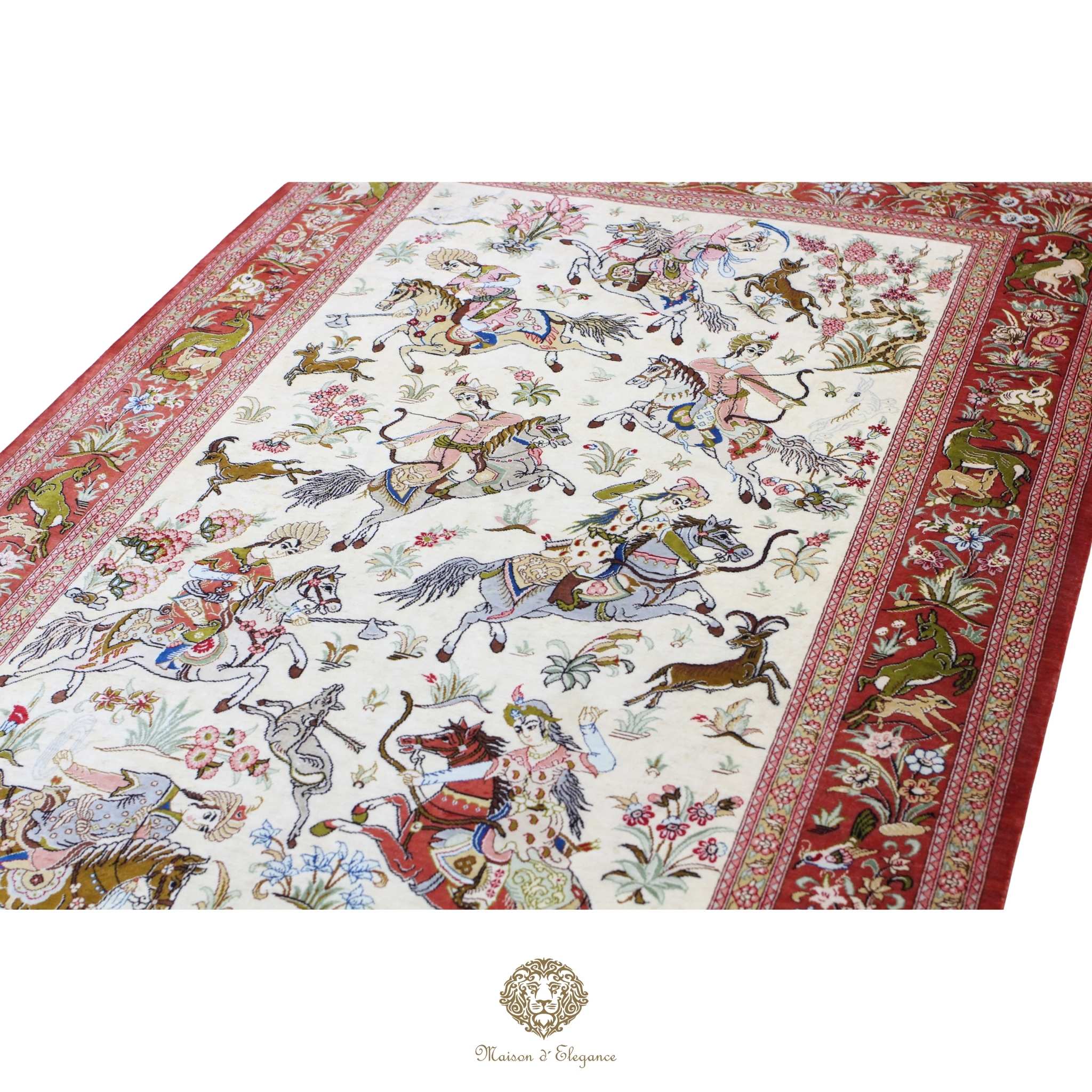 Alfombra persa exclusiva de seda pura - Obra maestra anudada a mano con tintes naturales, firmada, 98 x 156 cm, diseño de caza.