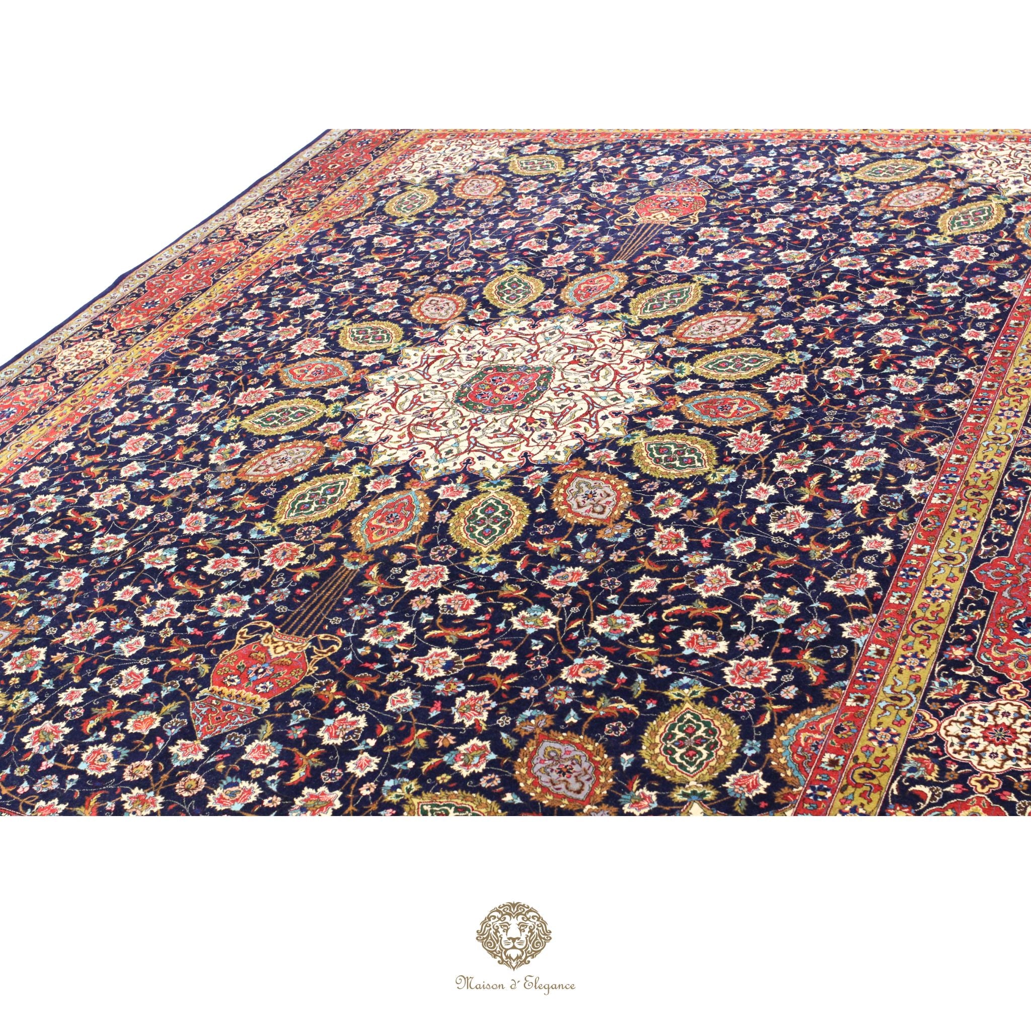 Alfombra persa de lujo Tabriz, anudada a mano, de seda y lana finas | Diseño de medallón floral azul marino, 296 x 427 cm
