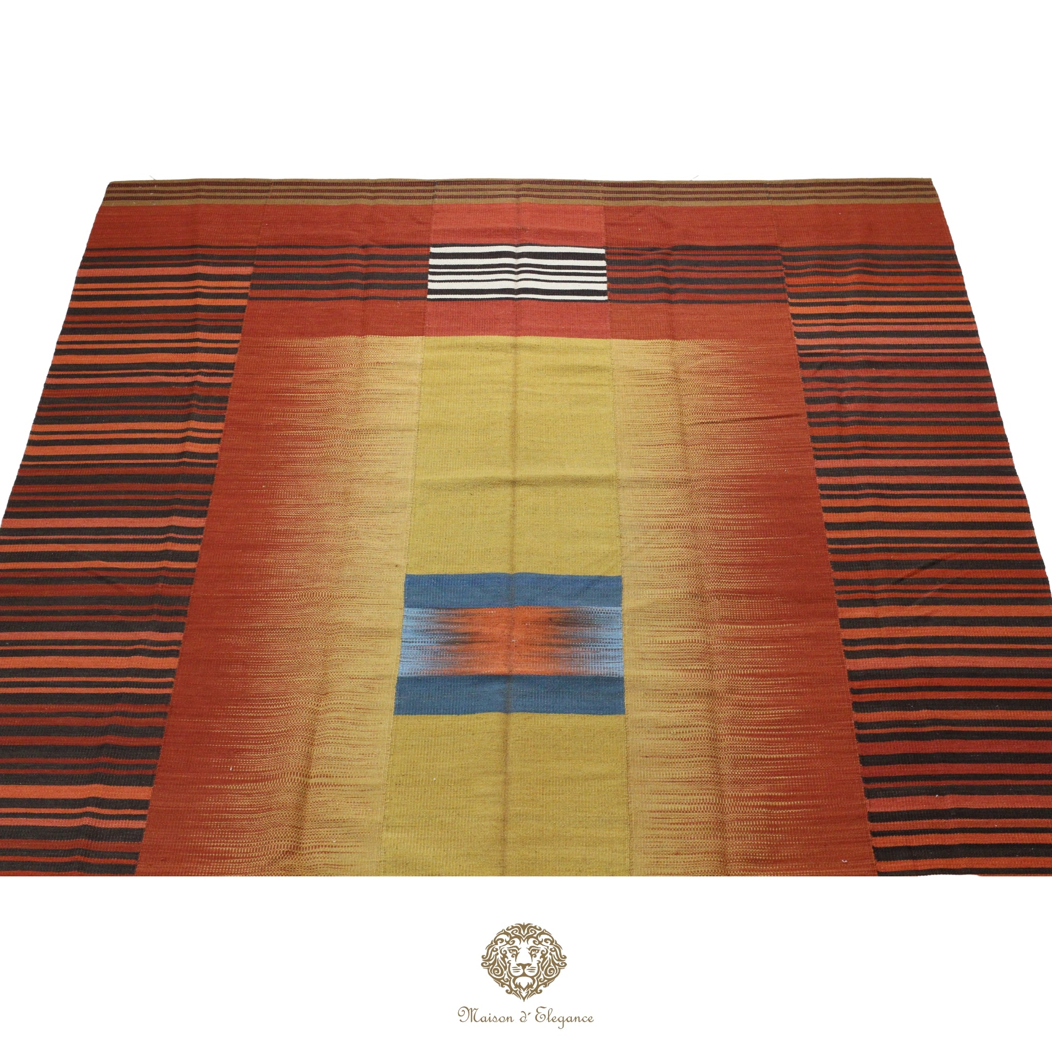 Colorful woven fabric with geometric pattern on a white background