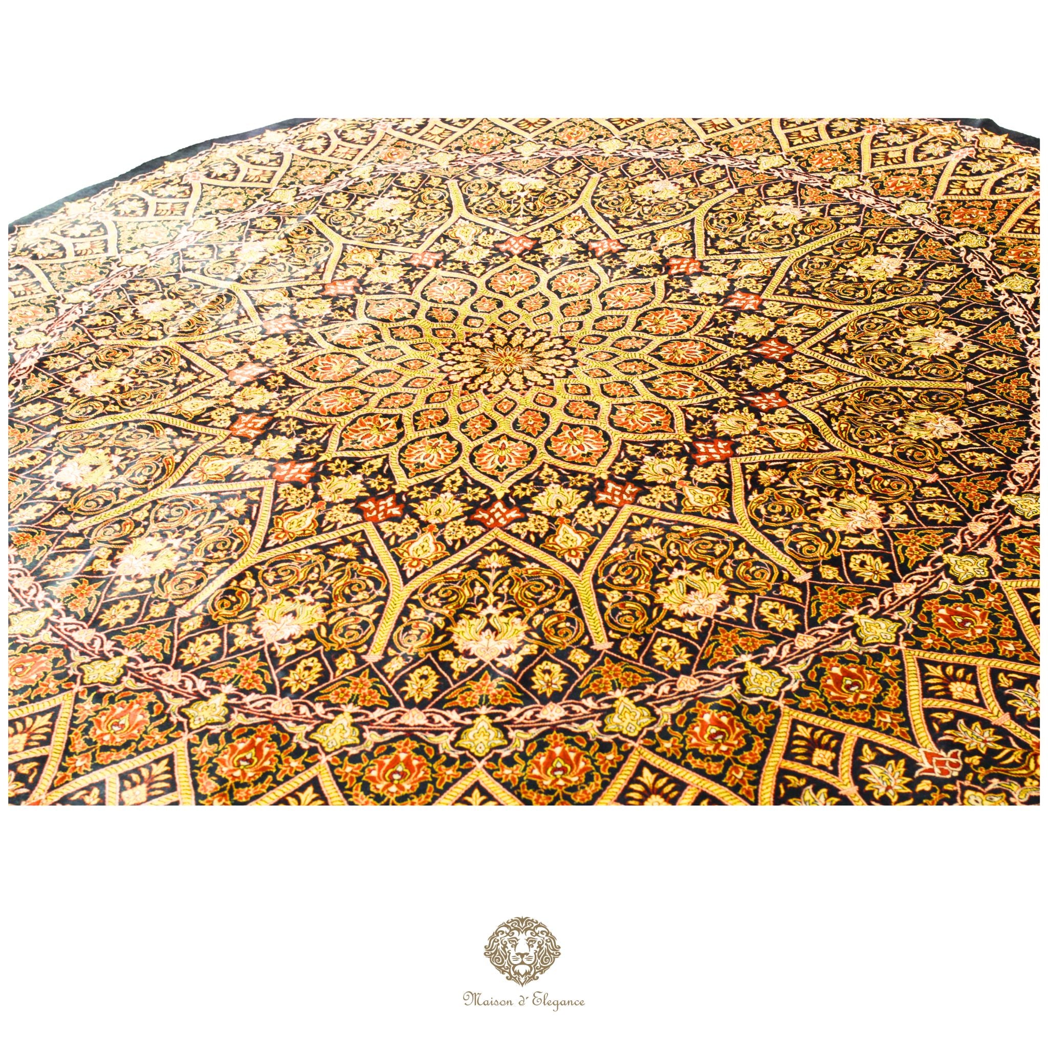 Alfombra persa redonda Qom superfina exclusiva, de seda pura, anudada a mano, teñida con tintes naturales, obra maestra de alta gama, firmada, 209 x 210 cm de diámetro.