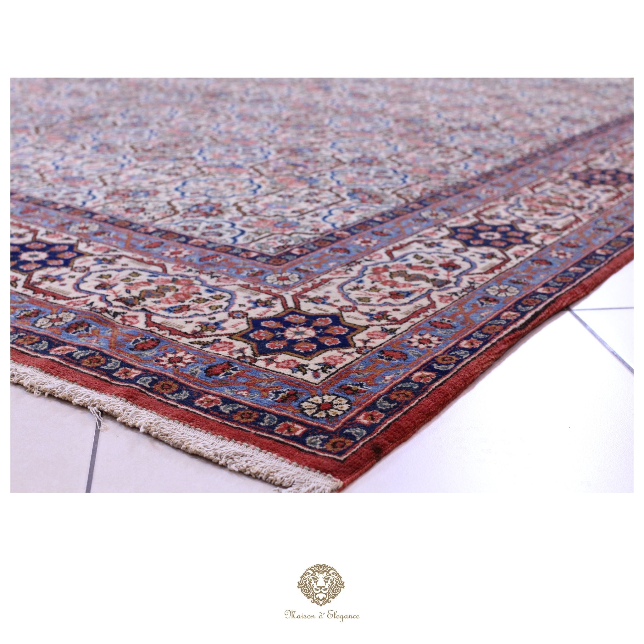 Alfombra persa antigua de lana Qum | Diseño floral integral 218 x 340 cm