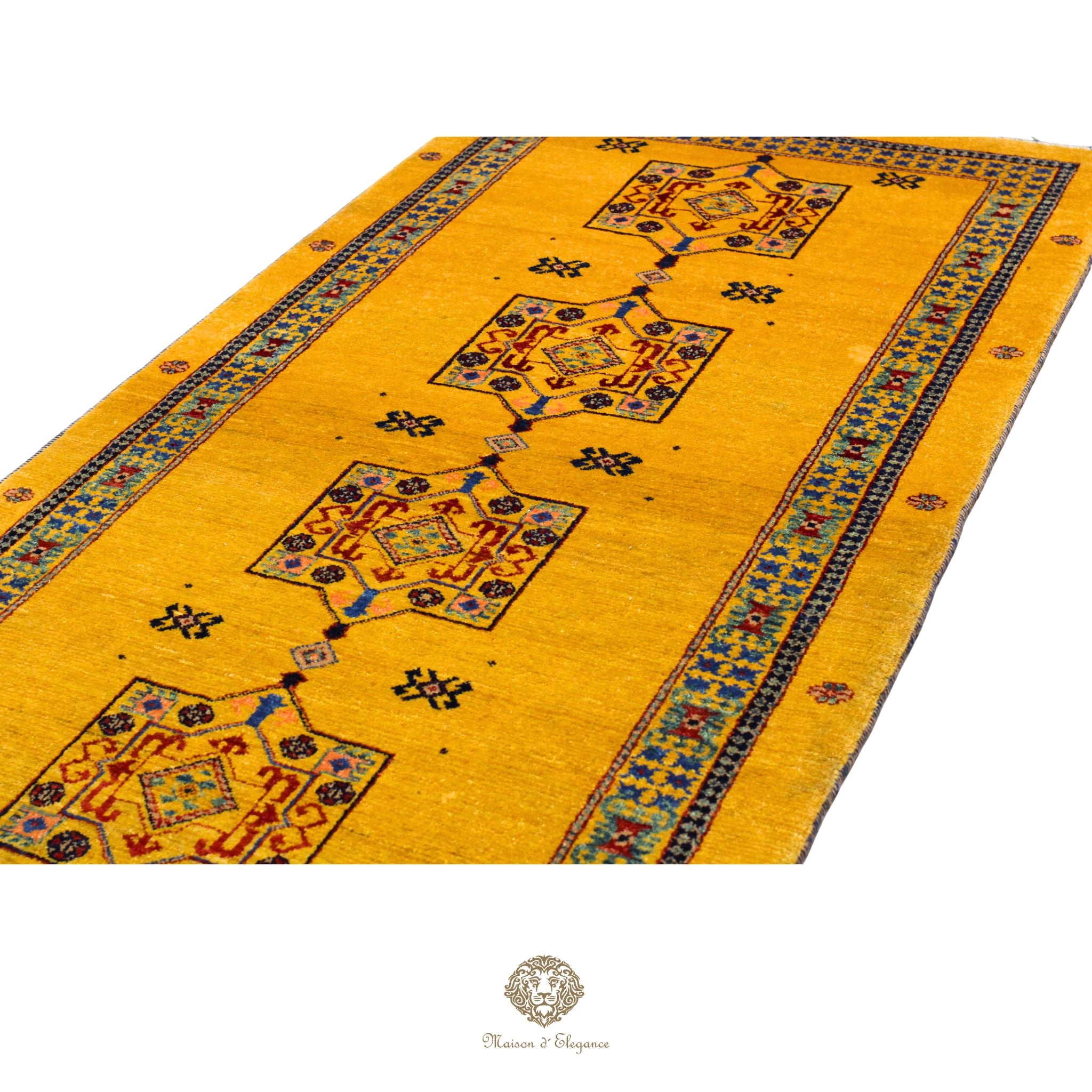 Alfombra persa Kashkuli amarilla tribal | Gabbeh de lana hecha a mano 87 x 160 cm