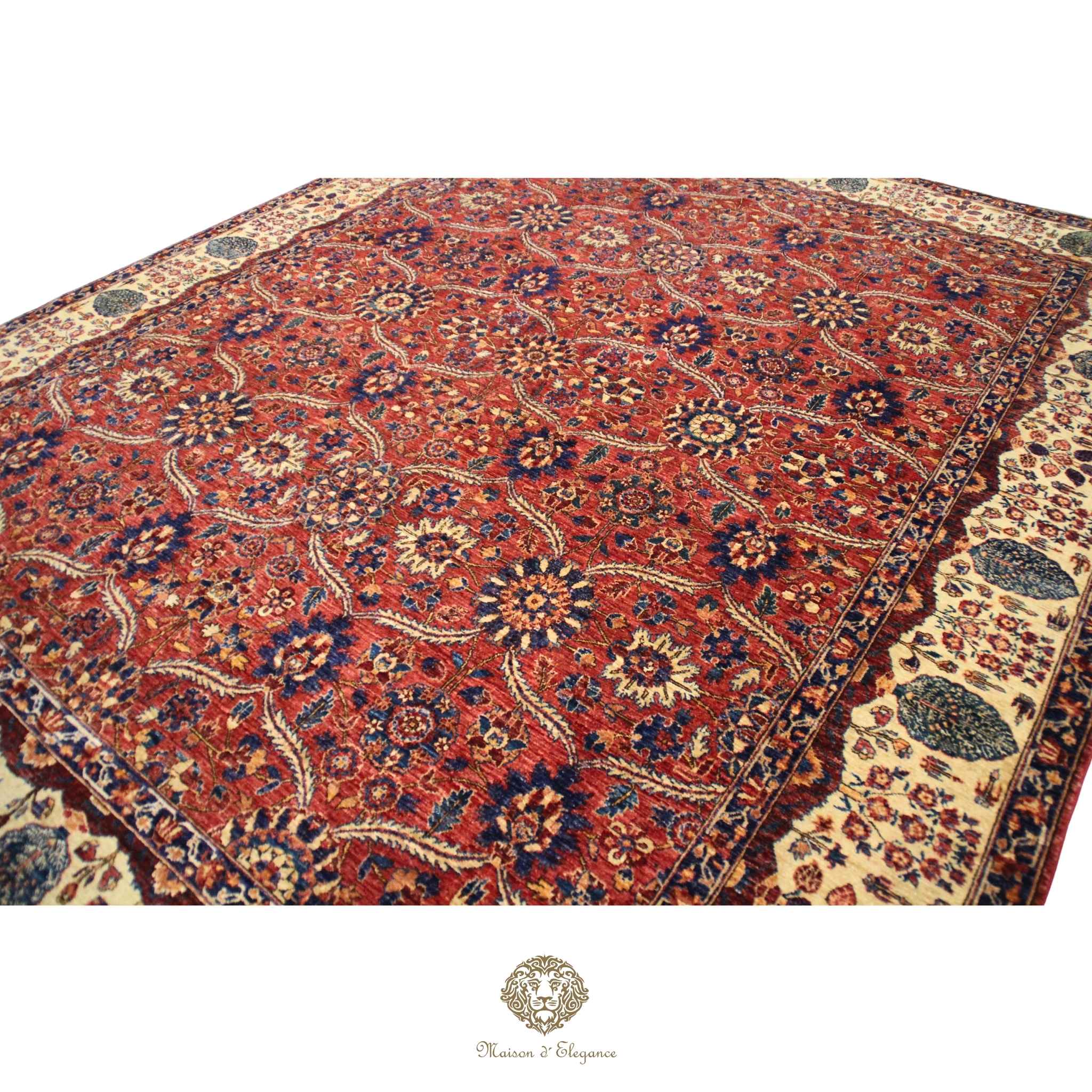 Decorative rug with intricate patterns on a red background