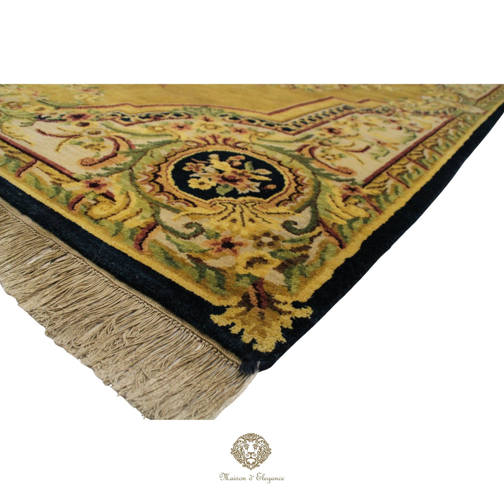 Decorative rug with intricate patterns and tassels on a brown background