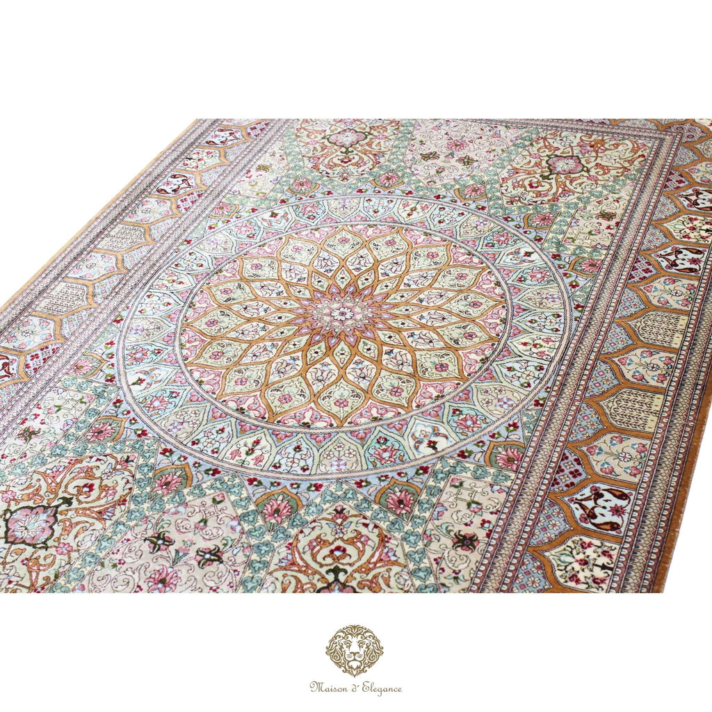 Alfombra persa exclusiva de seda pura, anudada a mano, teñida con tintes naturales, diseño Medallón, obra maestra de alta gama, firmada, 100 x 153 cm.
