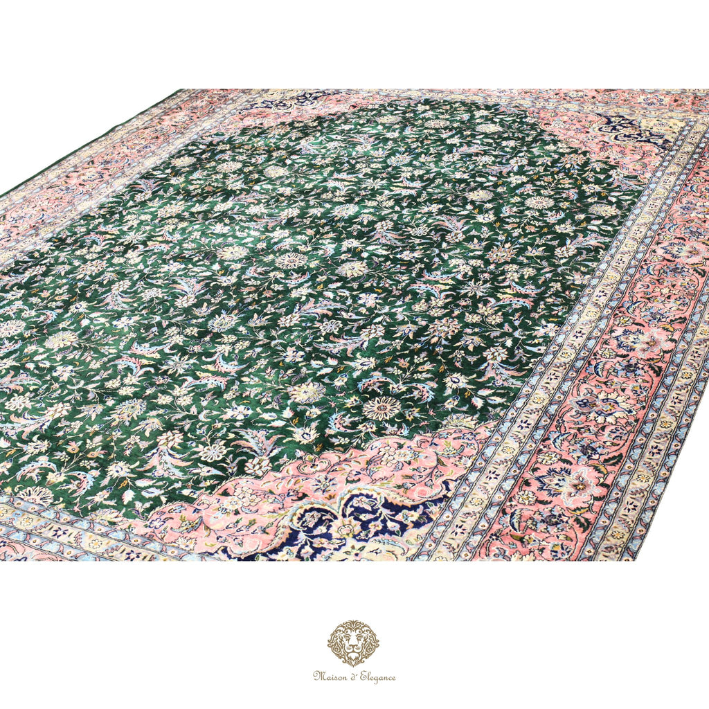 Alfombra de lana estilo Tabriz, superfina color verde marfil con diseño floral | Elegancia 280x390 cm