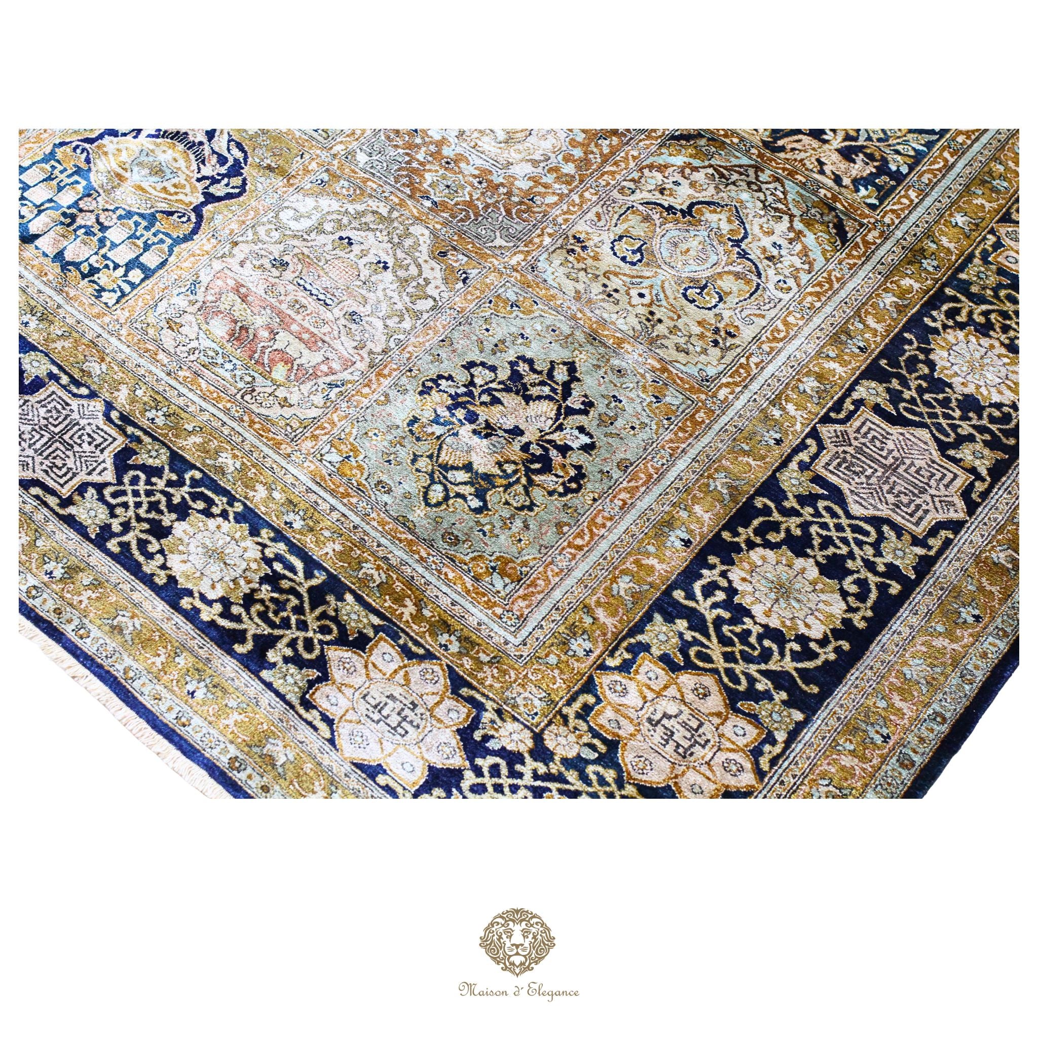 Alfombra persa de seda pura, anudada a mano, teñida con tintes naturales, | obra maestra con diseño floral integral, firmada, 180x300 cm