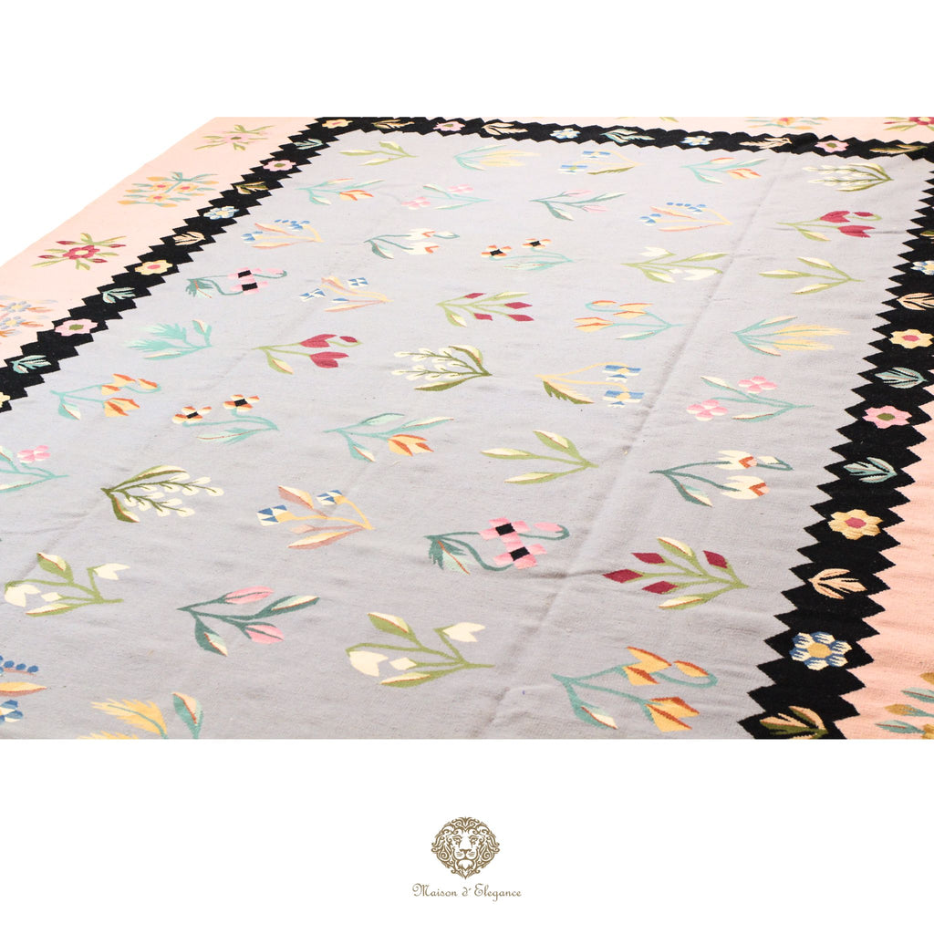 Alfombra Kilim fina, tejido plano, lana color natural | Diseño floral europeo, 281x387 cm