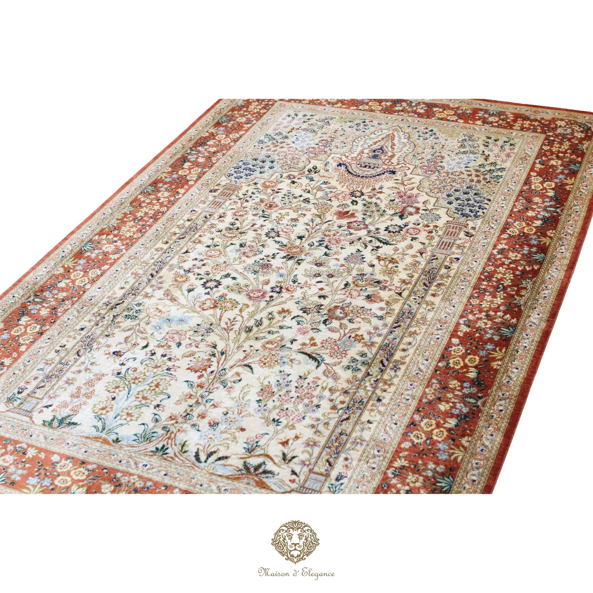 Alfombra persa exclusiva de seda pura - Obra maestra anudada a mano con tintes naturales, firmada, 101 x 155 cm, diseño de oración floral
