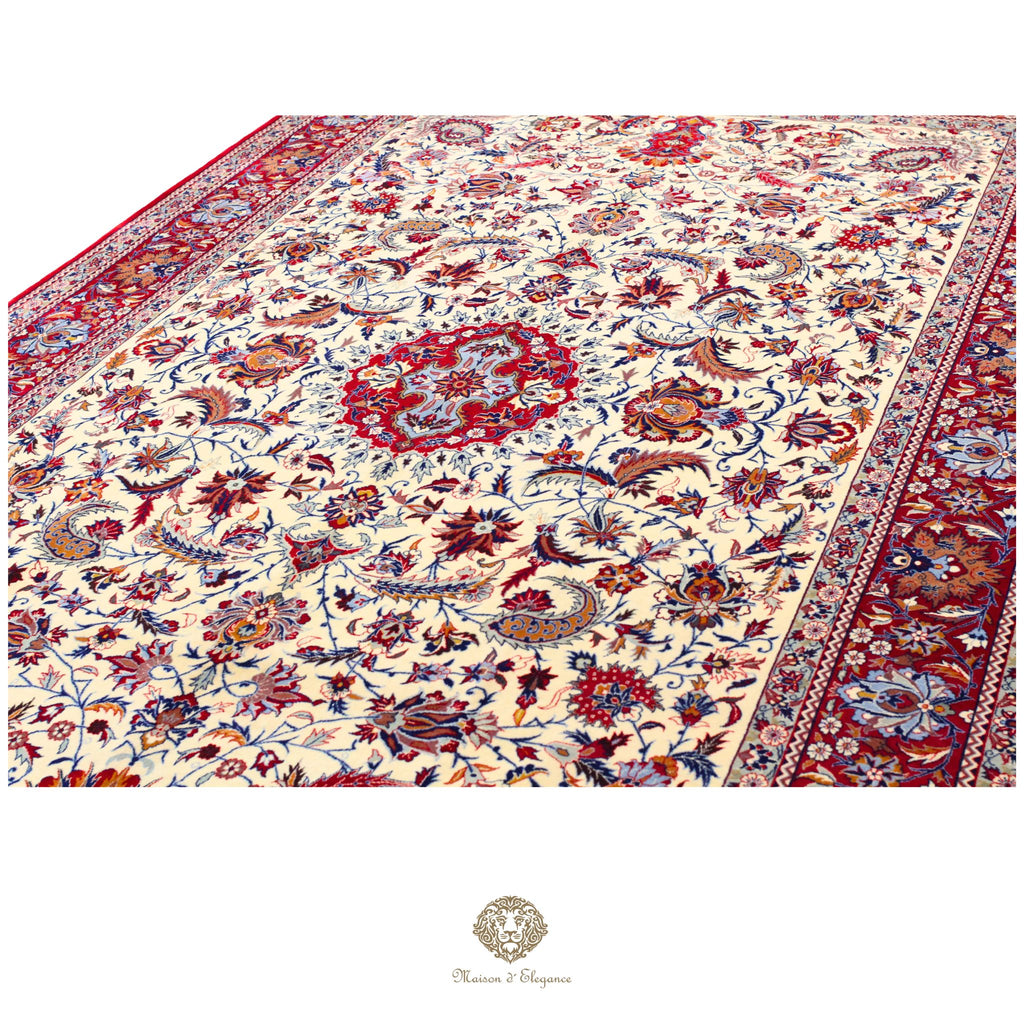 Alfombra fina exclusiva de estilo persa, lana y seda anudada a mano con tintes naturales | Diseño clásico de medallón, 200 x 330 cm