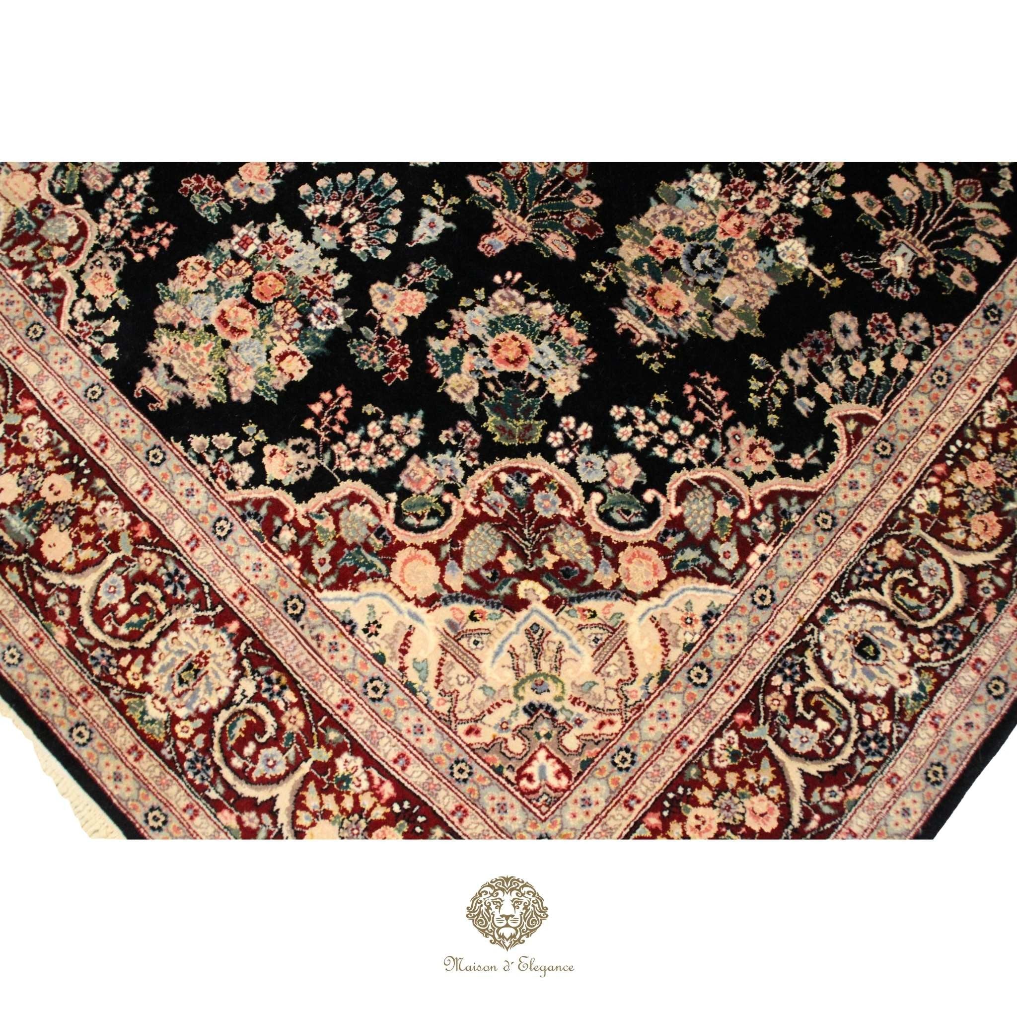 Decorative rug with floral patterns and intricate designs on a Brown background