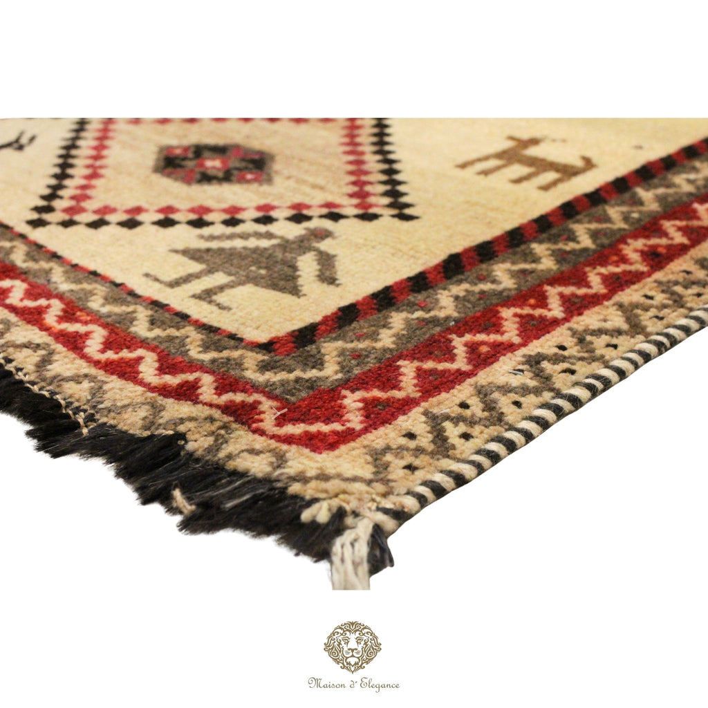 Decorative rug with geometric pattern and animal illustrations on a white background